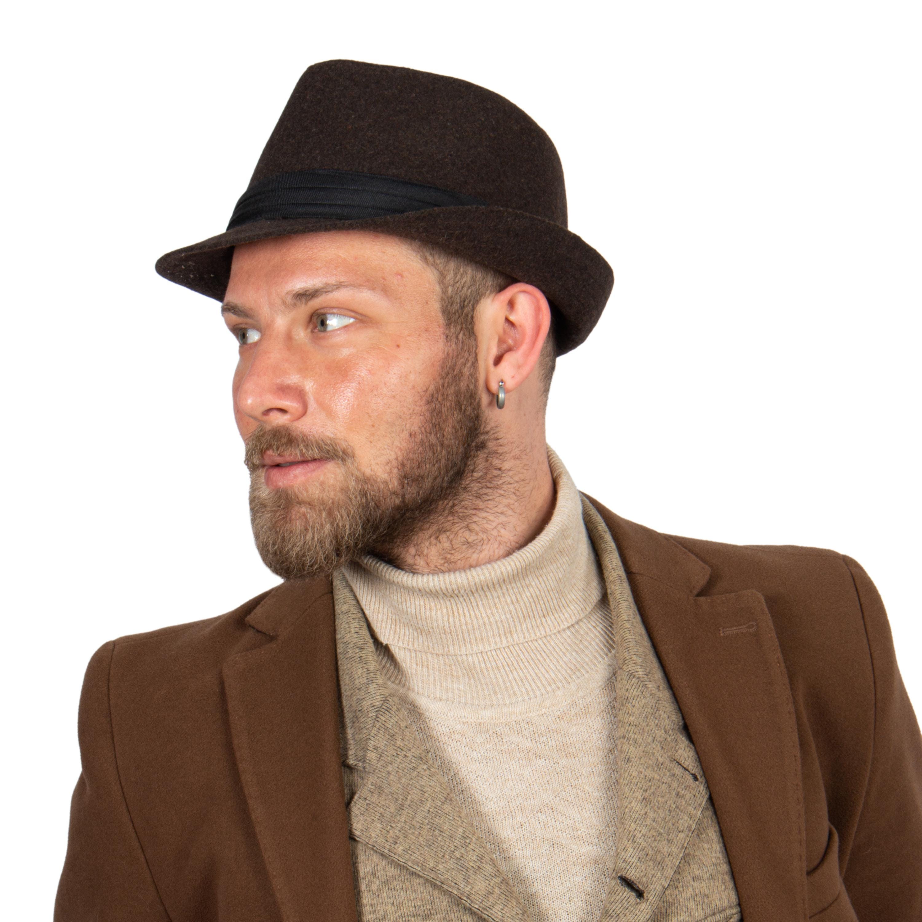 Cappello in pile polare Fedora marrone scuro, cappello invernale da uomo, cappello Fedora rigido, cappello Boho da uomo, cappello a tesa corta, cappel