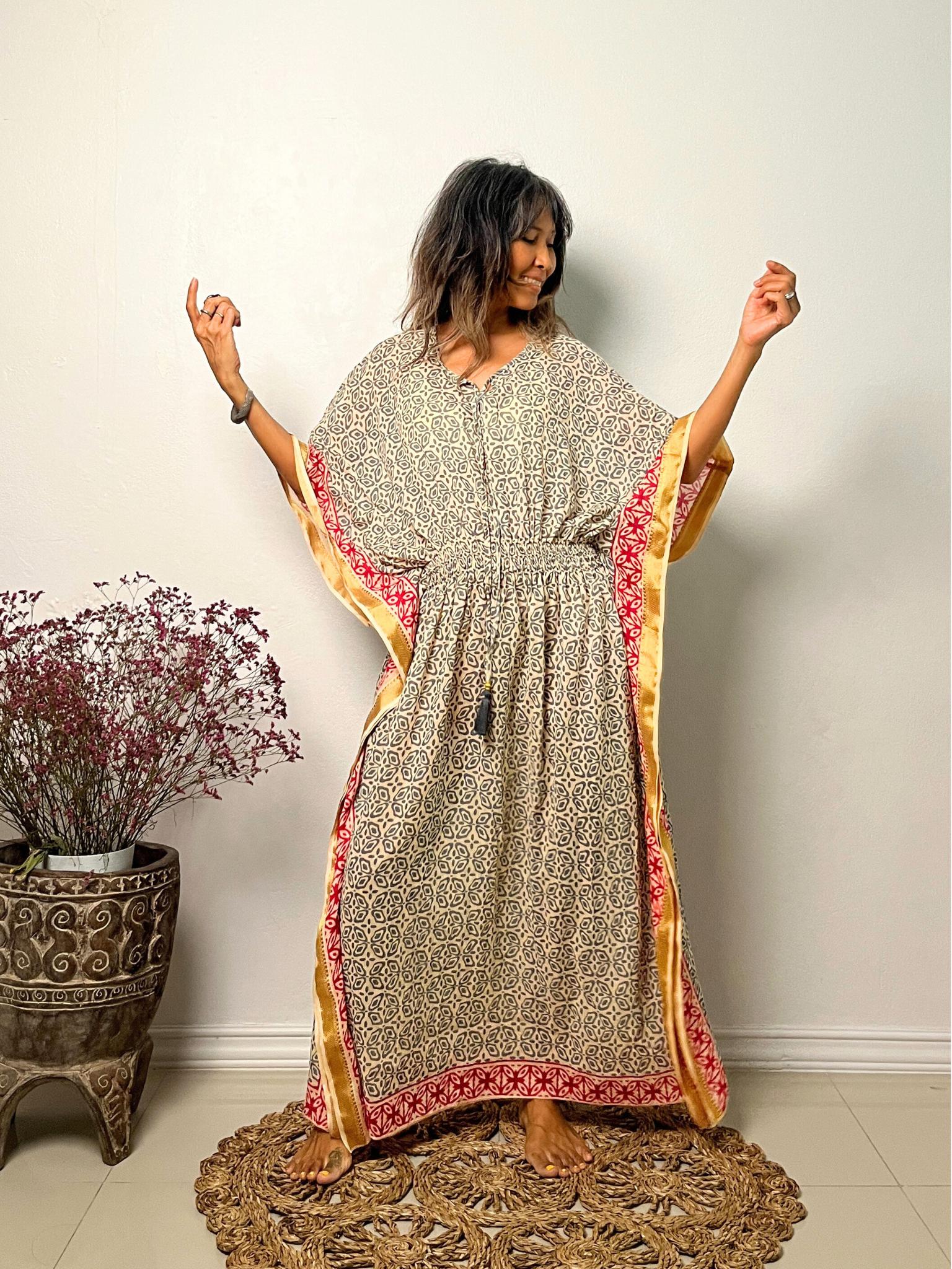 Abito lungo in caftano con stampa a blocchi di cotone boho, caftano con scollo a V, caftano rosa, caftano blu, caftano con stampa floreale, caftano hi