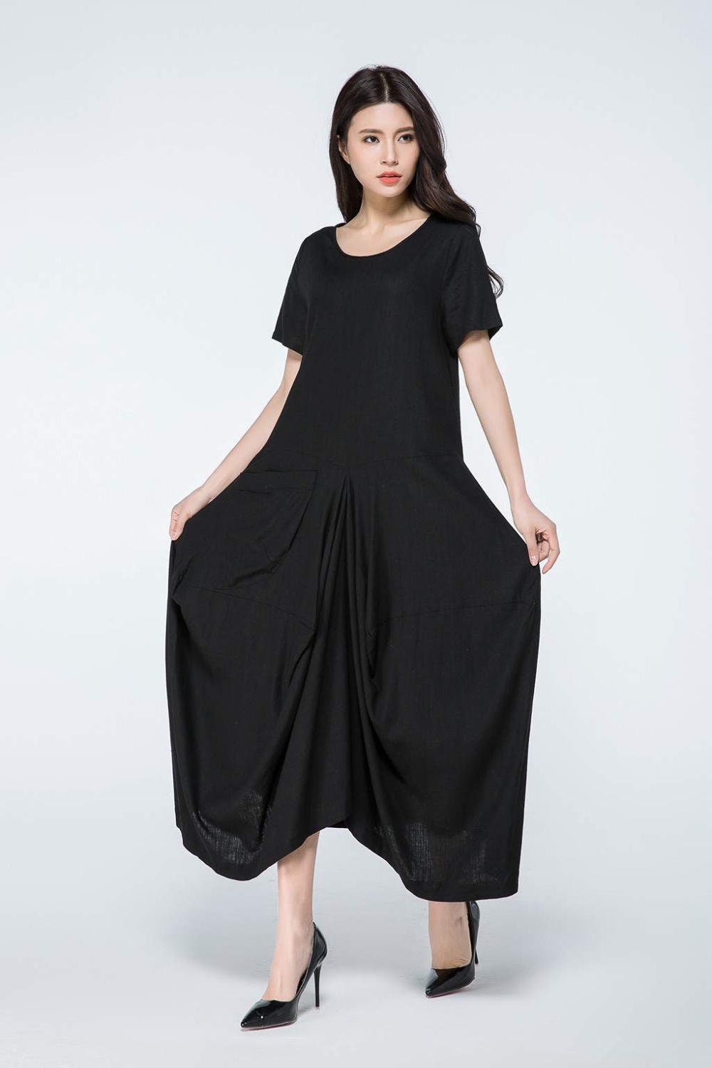 Abito in lino nero, abito in lino, abito lungo in lino, abito lungo in lino, abito estivo, abito da donna, abiti casual, abito oversize C1060