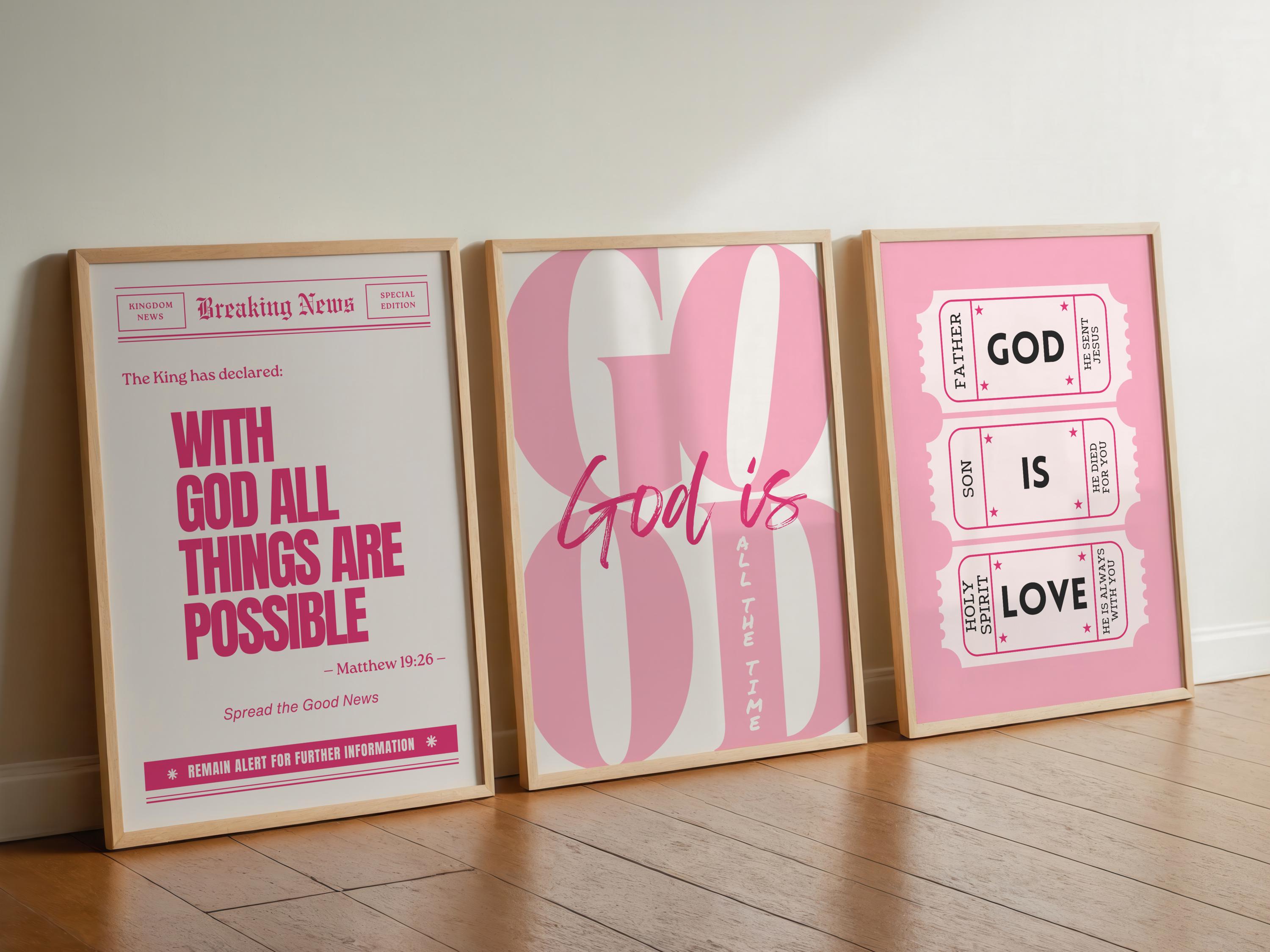 Set di 3 stampe da parete cristiane femminili Dio è buono in ogni momento Con Dio tutte le cose sono possibili Dio è amore Poster Stampa biglietto vin