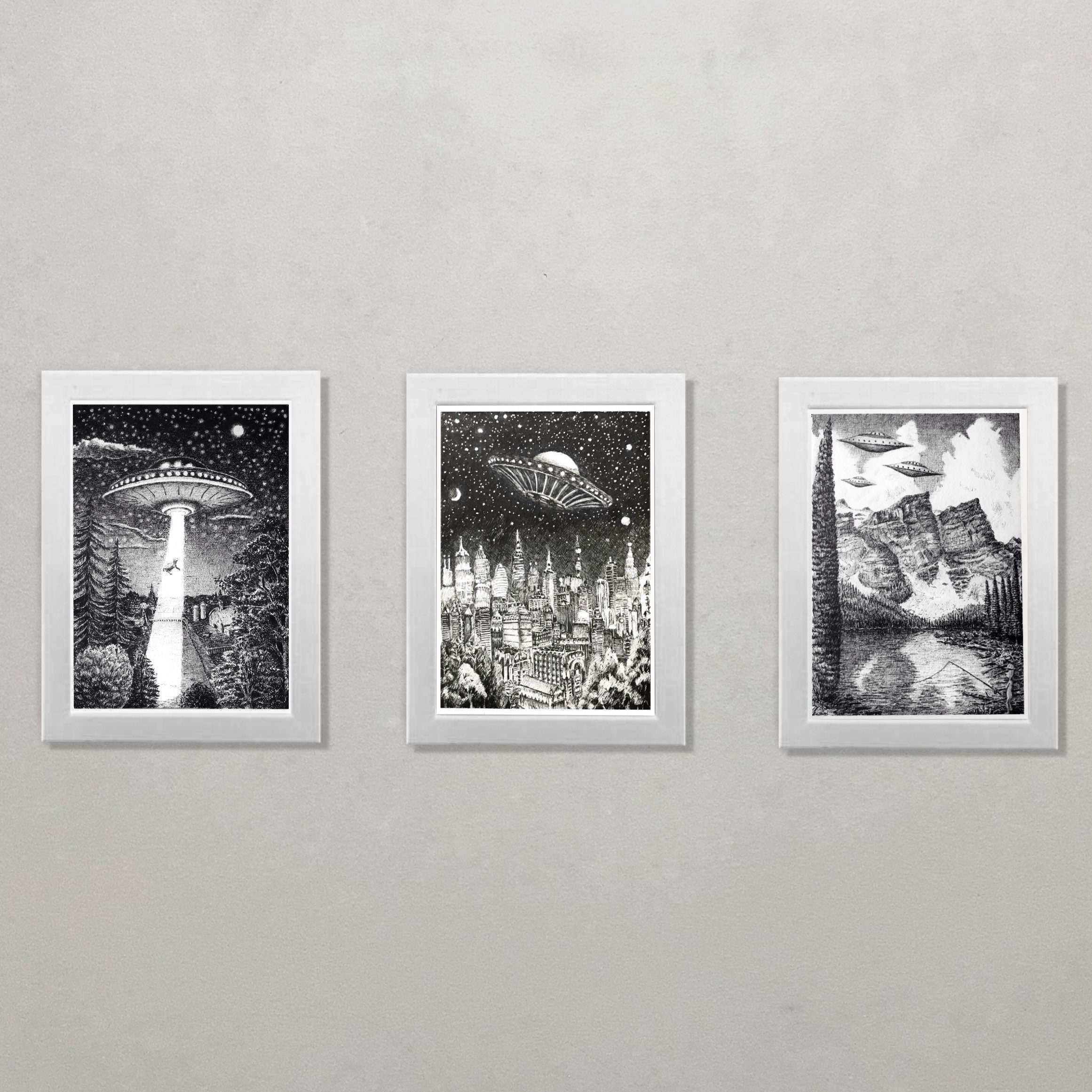 Collezione di 3 stampe, set di 3 stampe, set di 3 stampe, set di 3 stampe da parete, 3 stampe artistiche, set di 3 stampe artistiche, stampe UFO, set