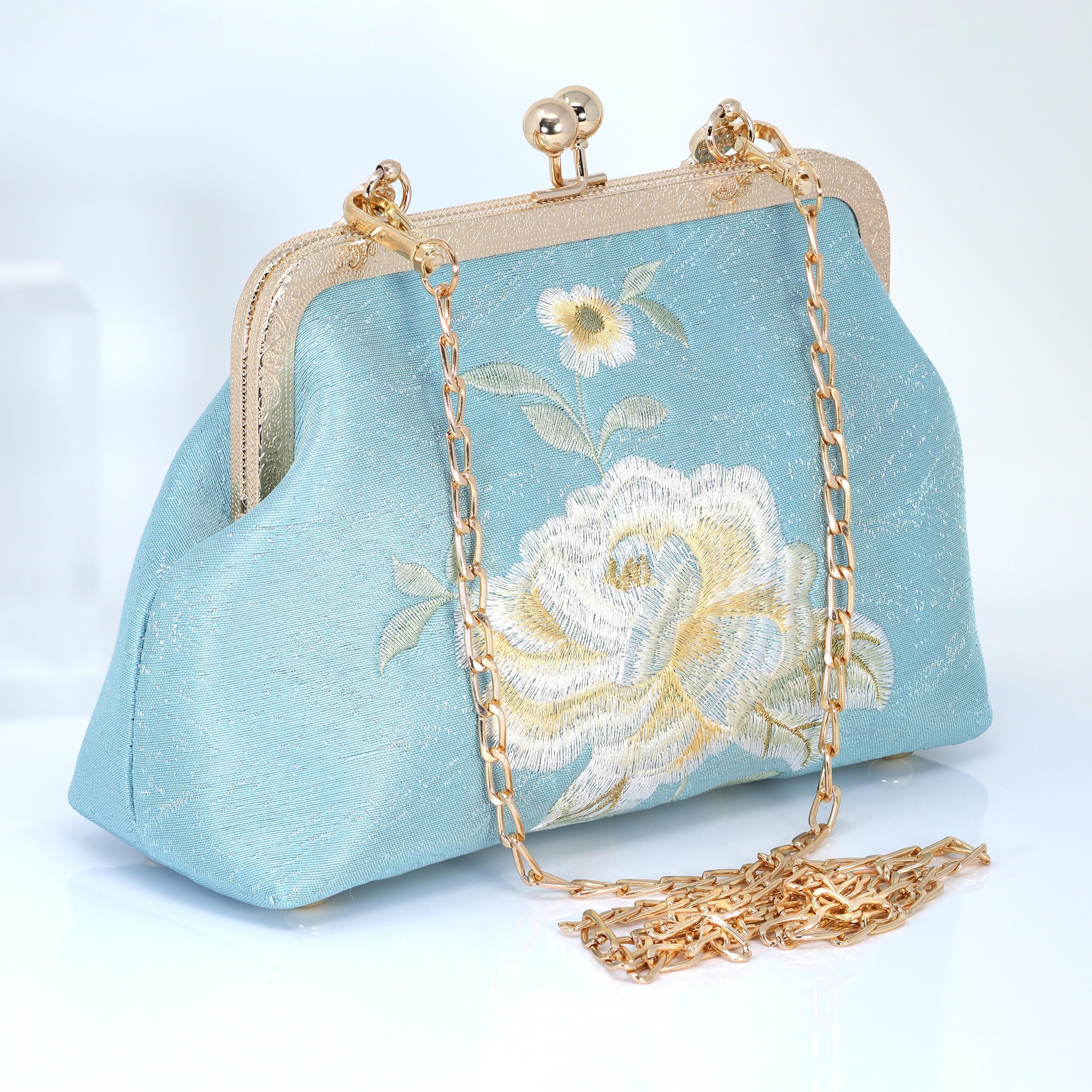 Borsa da sposa con ricami floreali a forma di rosa, blu e crema, beige e oro, borsa importante, pochette da sera, pochette da sposa, borsa a tracolla