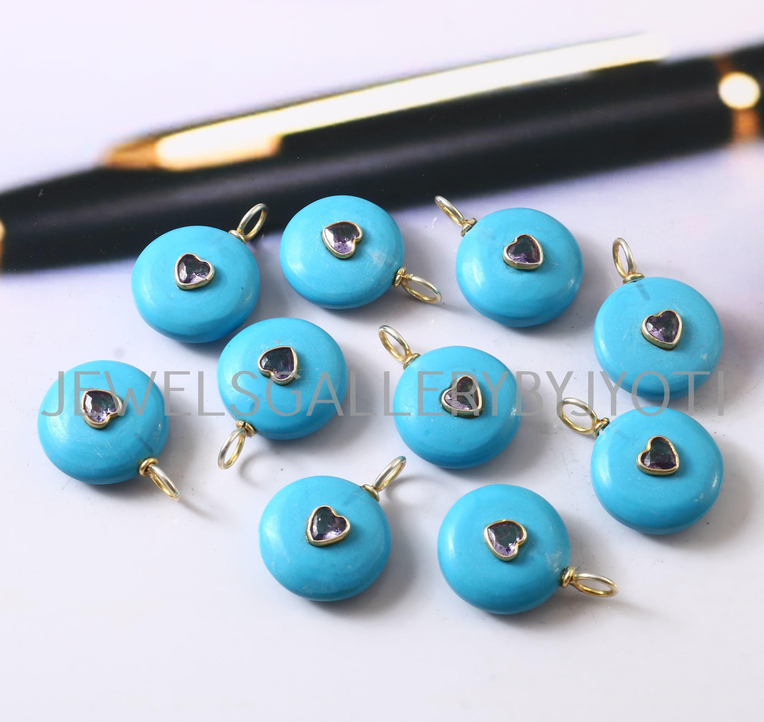 1/2 pezzi ciondolo in argento sterling con forma rotonda e liscia turchese, ciondolo con pietra preziosa intarsiata, ciondolo turchese, ciondoli impil