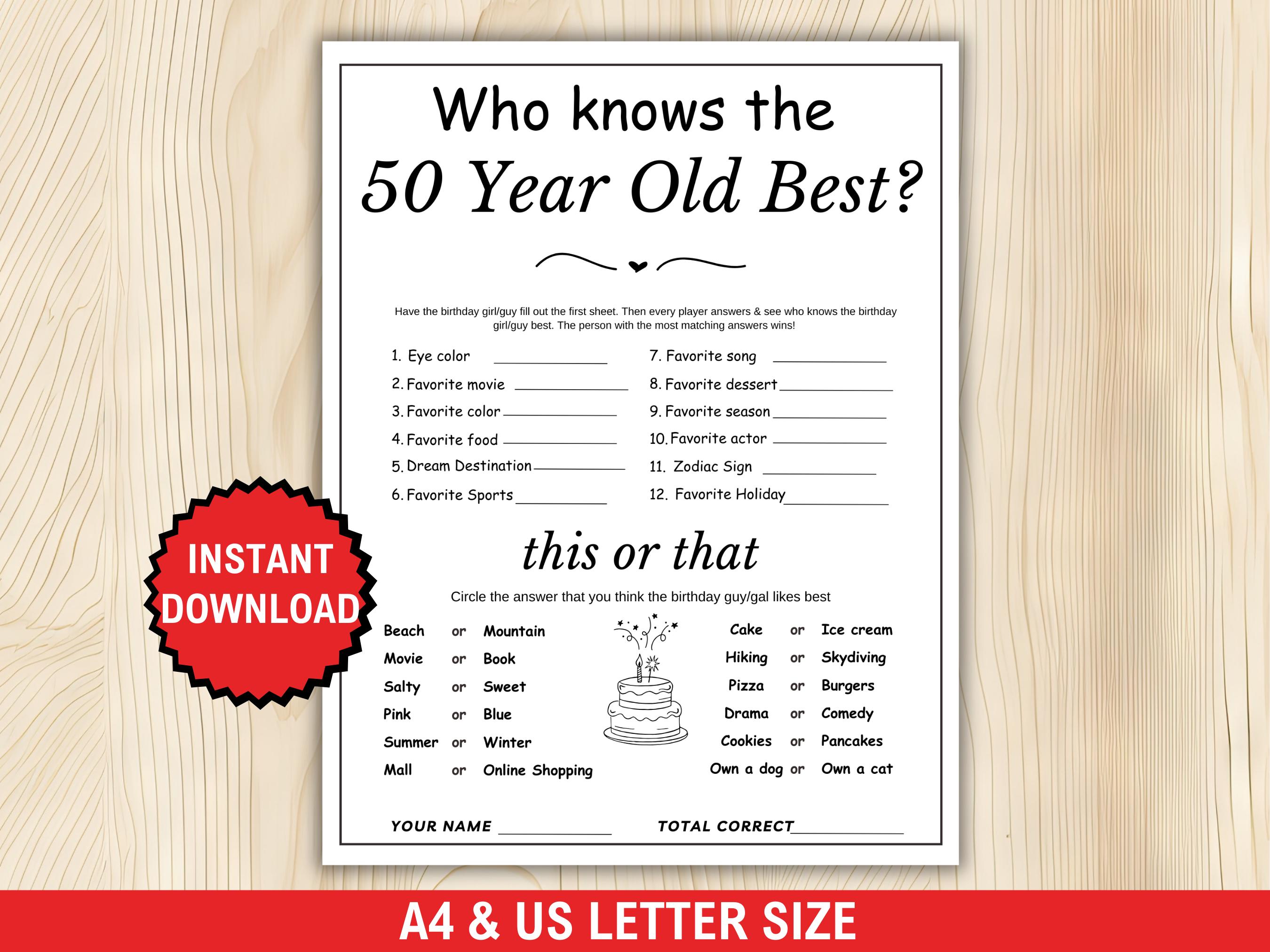 Chi conosce il miglior gioco per i 50enni?, Gioco per il 50o compleanno, Stampabile, Attività per la festa del 50o compleanno, Gioco a quiz per il 50o