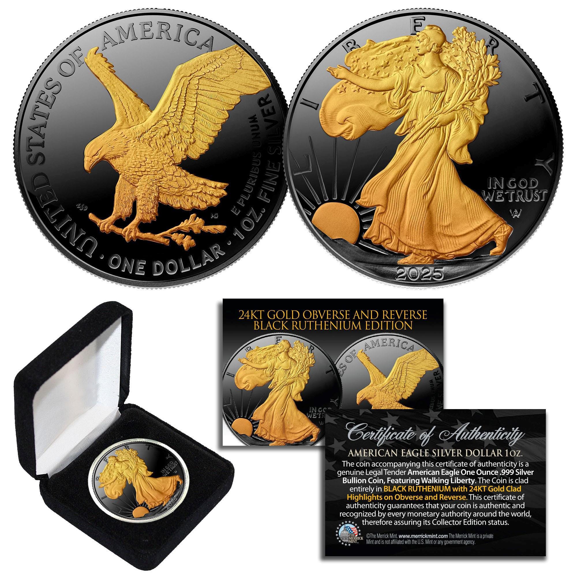 Moneta American Eagle da 1 oz in argento puro 999 placcata in rutenio nero con dettagli in oro 24K del 2025 con scatola portamonete in feltro