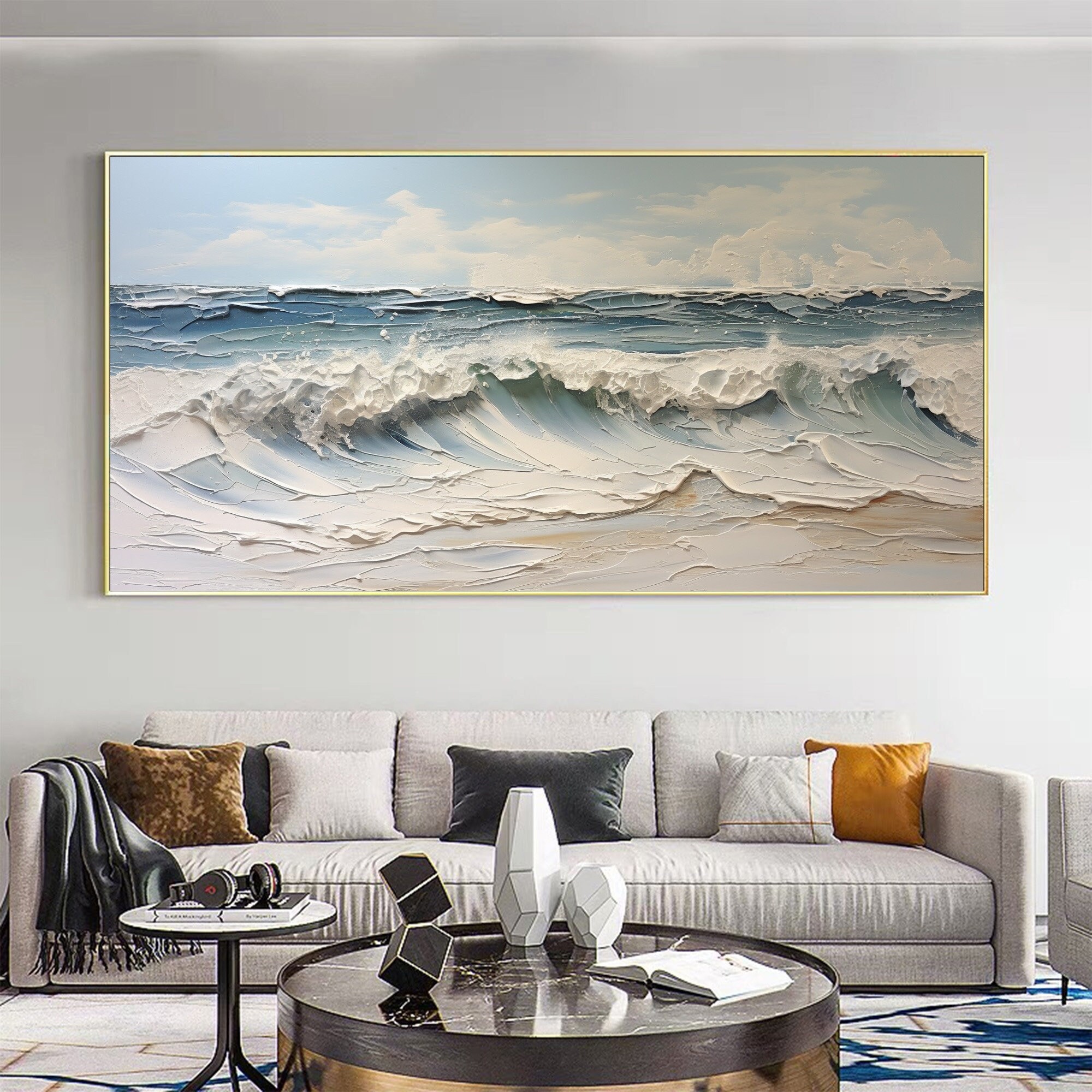 Dipinto ad olio astratto con onde oceaniche su tela, grande opera d'arte murale, dipinto originale di paesaggi naturali, decorazione da spiaggia, deco