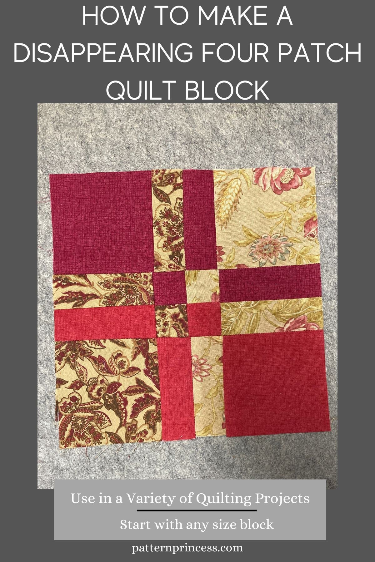 Come realizzare un blocco di quilt a quattro toppe che scompare in formato PDF stampabile, blocco di quilt moderno, modello di blocco di quilt facile