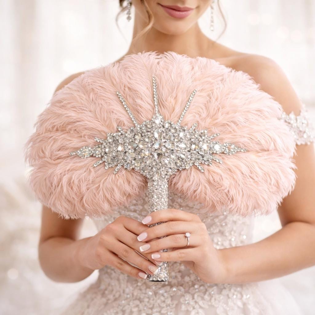 Ventaglio da sposa in piume di struzzo rosa cipria - Alternativa al bouquet da sposa di lusso - Accessorio da sposa Gatsby