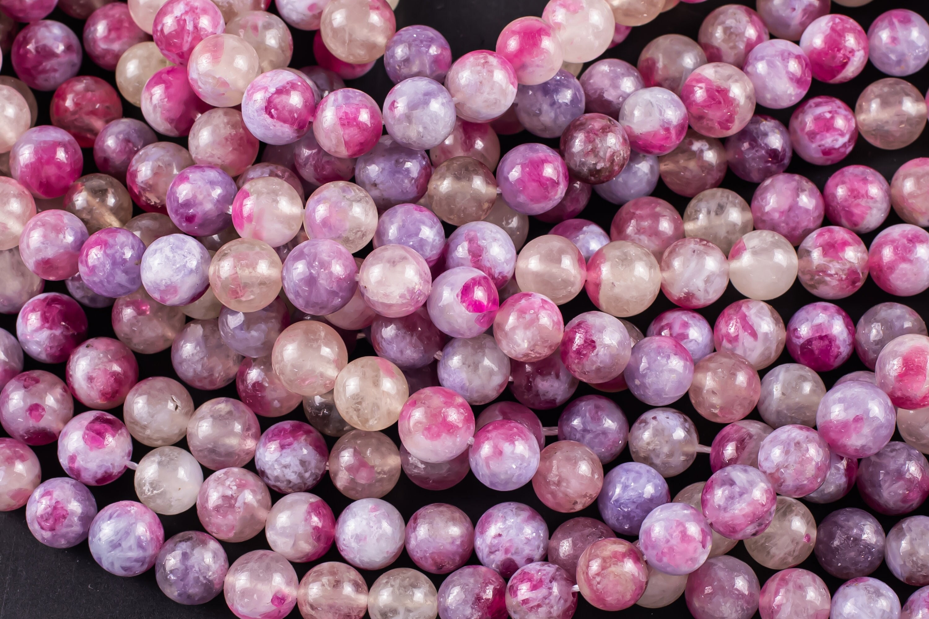 "Filo di 40 cm (15,5\") di tormalina rosa naturale AAA e lepidolite viola, perle rotonde di 6 mm, 7 mm, 8 mm, 9 mm, 10 mm, 11 mm e 12 mm con matrice di"