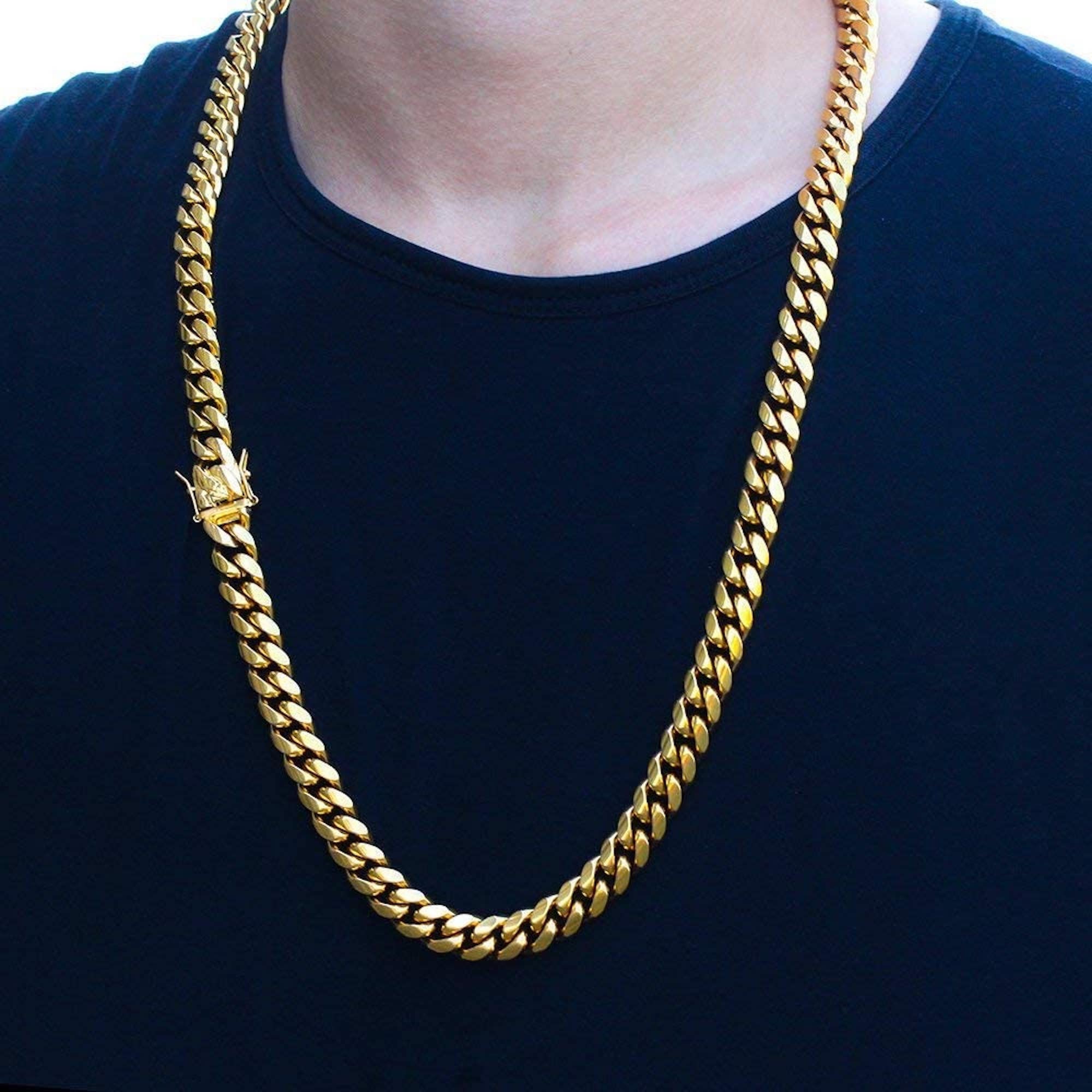 Catena a maglie cubane da uomo, catena a maglie d'oro 14mm, collana a catena d'oro 24k, collana a maglie cubane, collana Hip Hop, catena Miami, catena