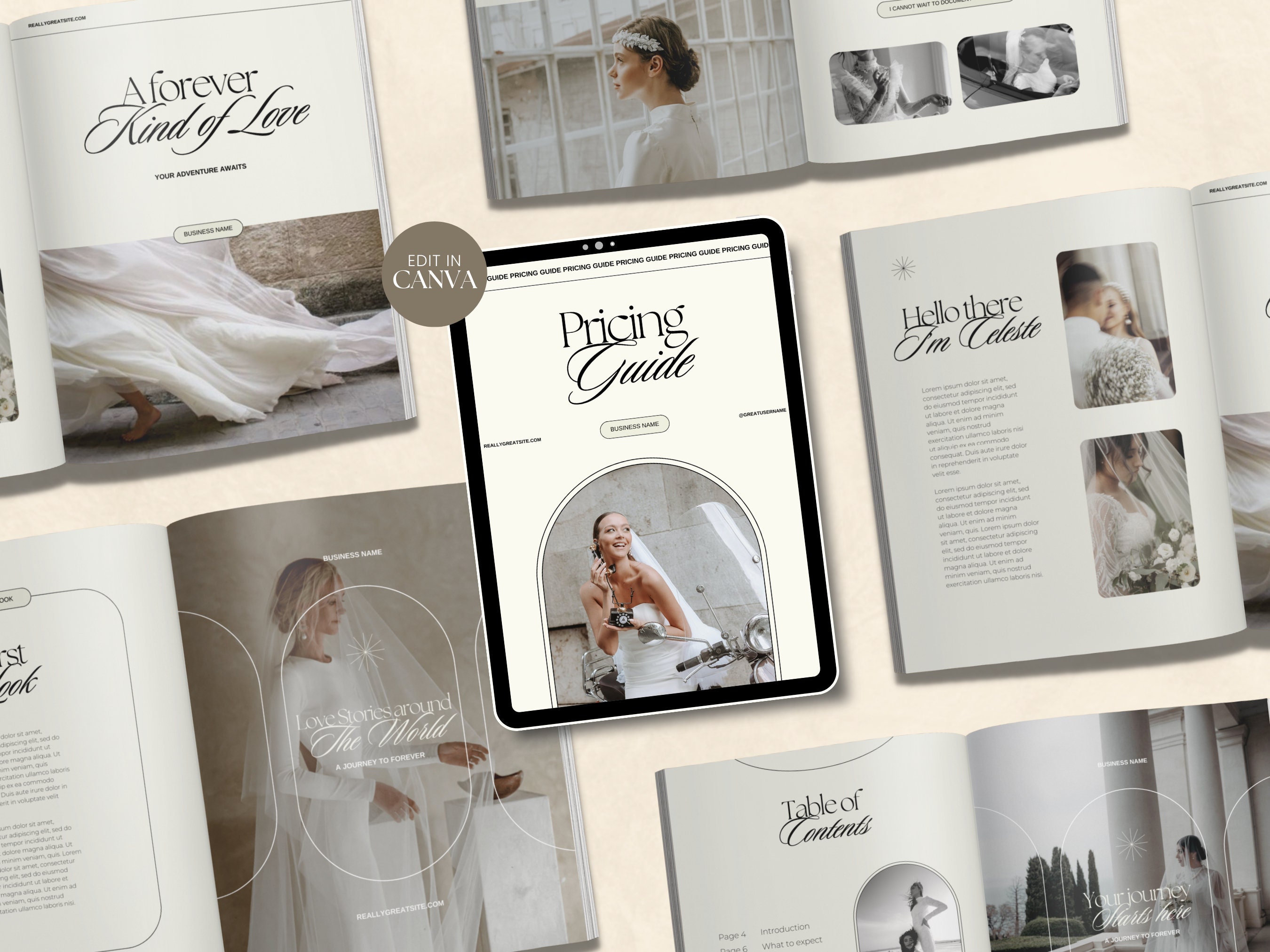 Celeste / CANVA Modello di rivista per la guida ai prezzi della fotografia di matrimonio moderna, brochure per fotografi, libretto di benvenuto per la