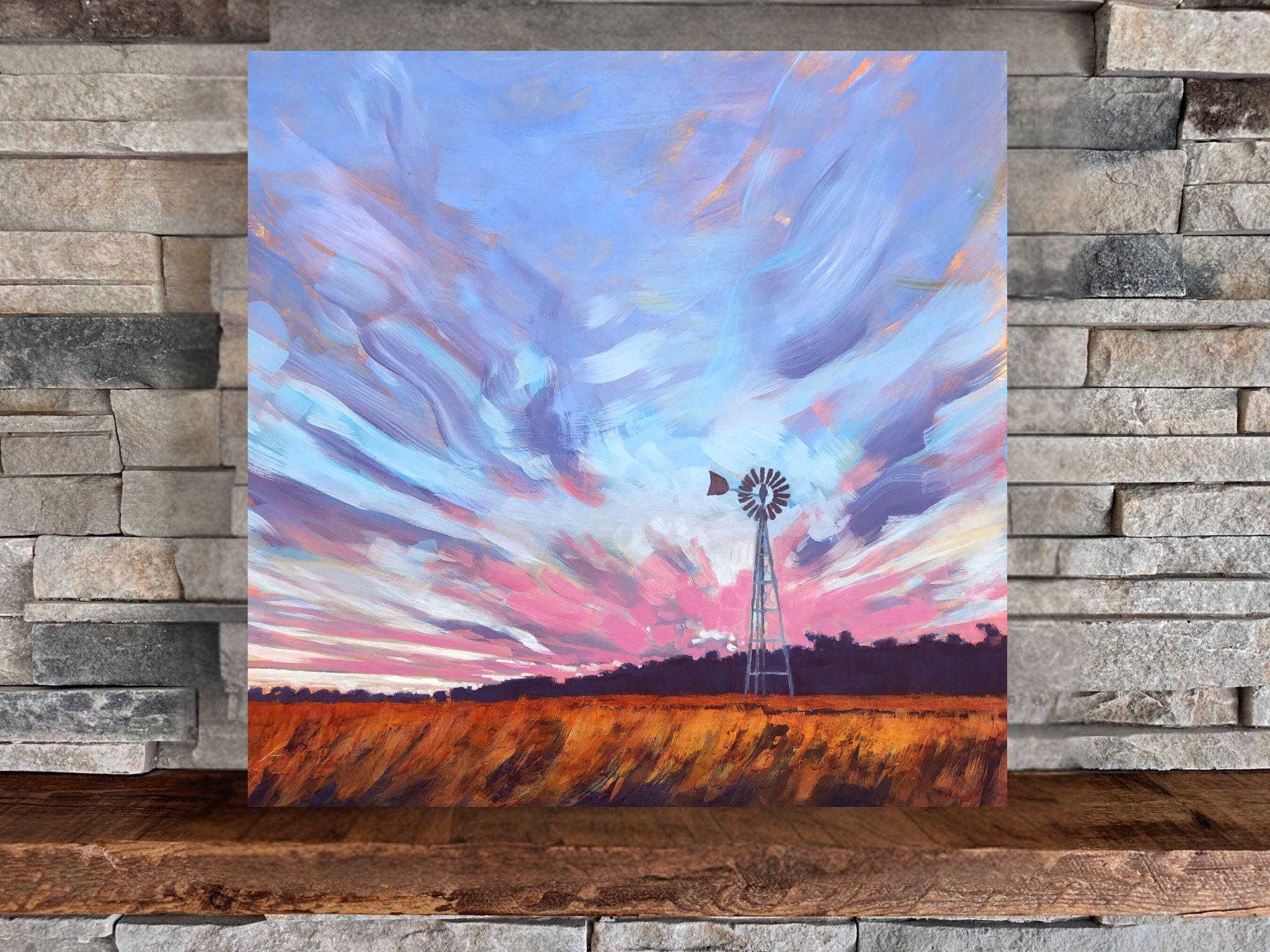 Mulino a vento in un campo / Stampa montata su paesaggio quadrato, dipinto di paesaggio con cielo al tramonto in una fattoria nella prateria / Jim Mus