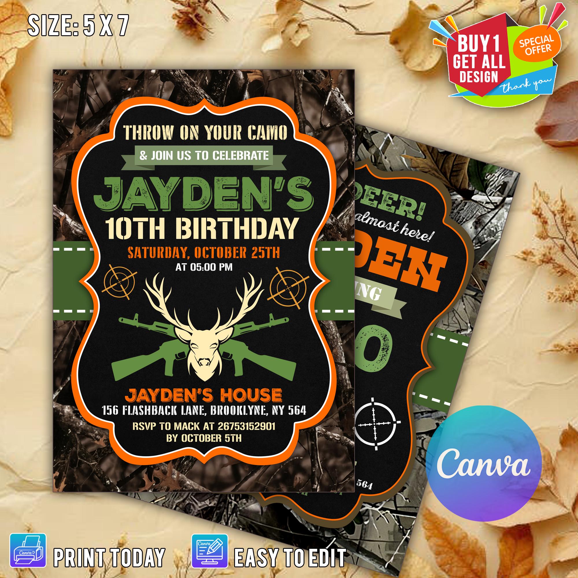 Invito per festa di compleanno a tema caccia, invito a tema caccia, invito di compleanno, invito a tema cervo, invito a tema cervo, invito a tema cacc