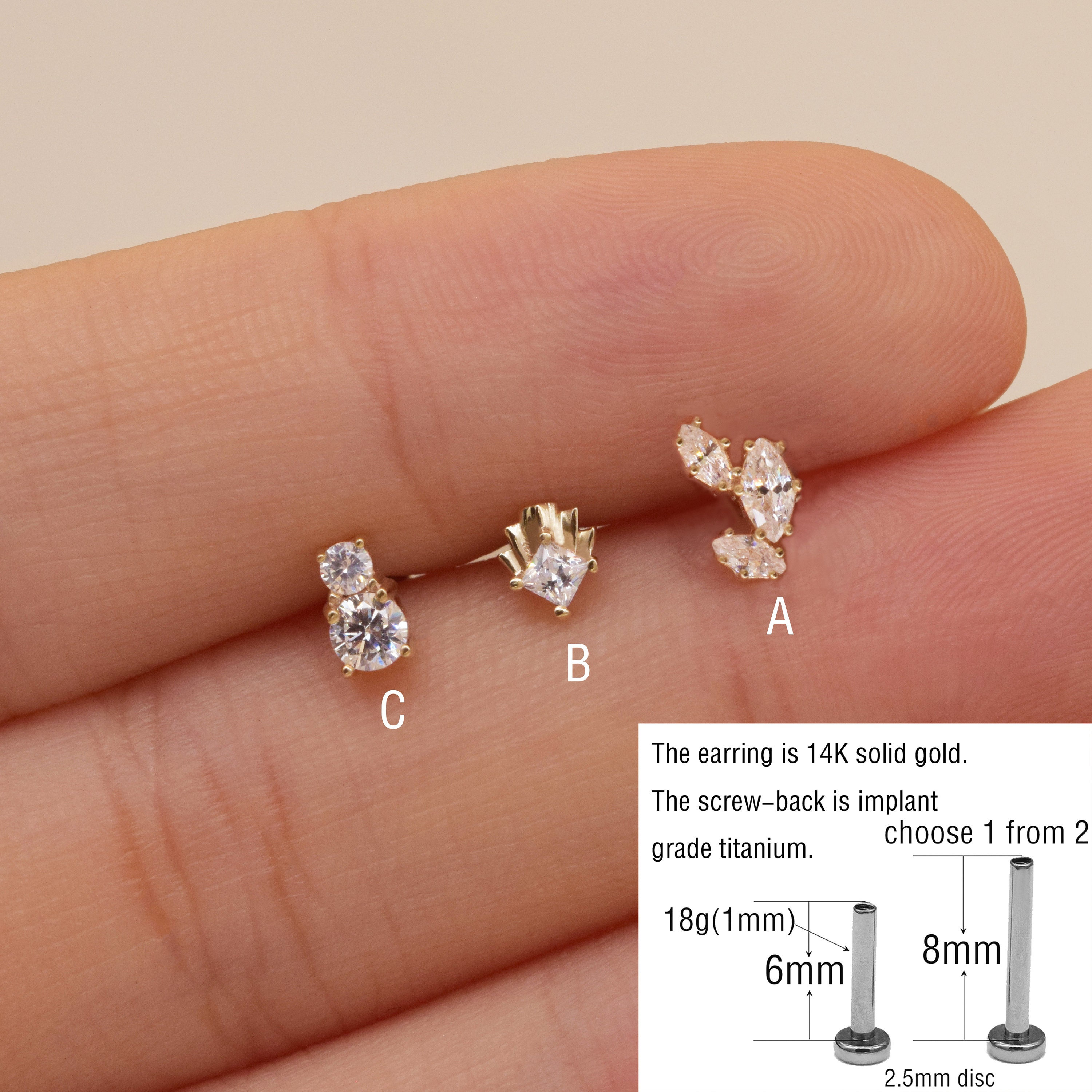 Orecchino a perno geometrico in oro massiccio 14k, piccolo orecchino a perno con pietra trasparente, orecchino a perno per cartilagine, orecchino a pe