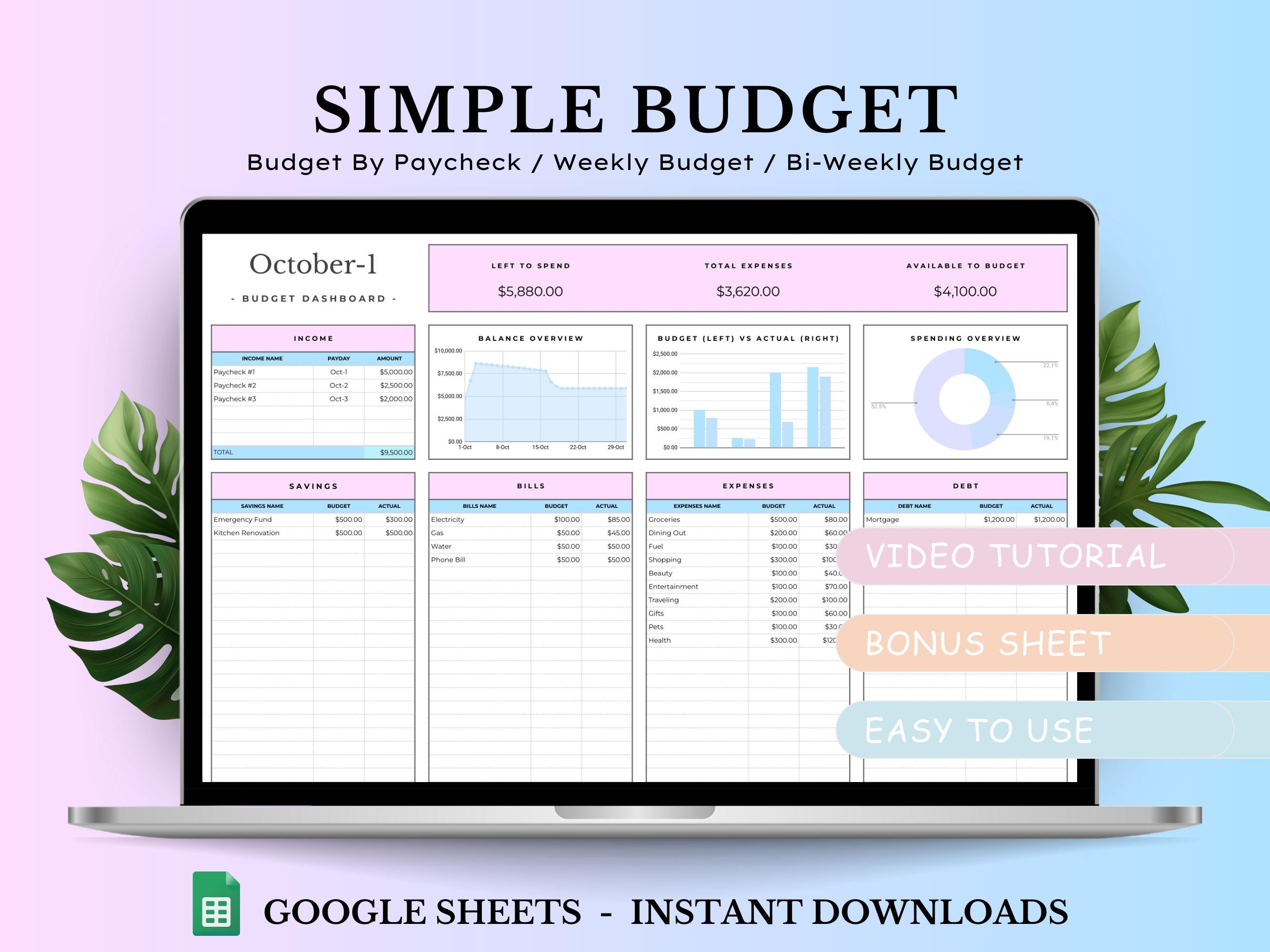 Foglio di calcolo per la pianificazione del budget, modello di budget di Google Fogli, foglio di calcolo del budget mensile, budget per busta paga, bu