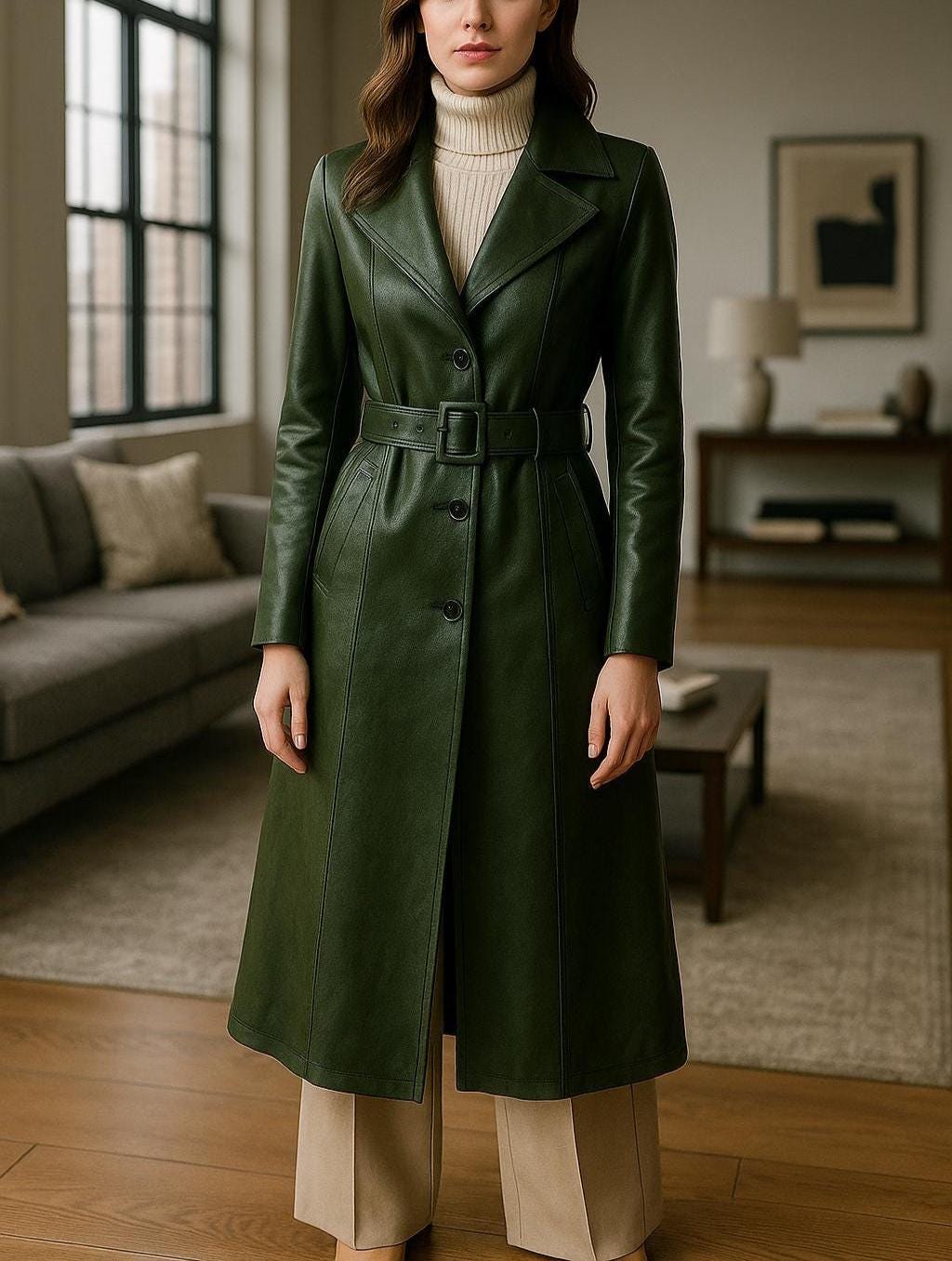Cappotto Trench Donna Verde Anni 90 in Pelle di Pecora - Lungo Giubbotto Invernale Vintage Oversize Fatto a Mano, Regalo Classico
