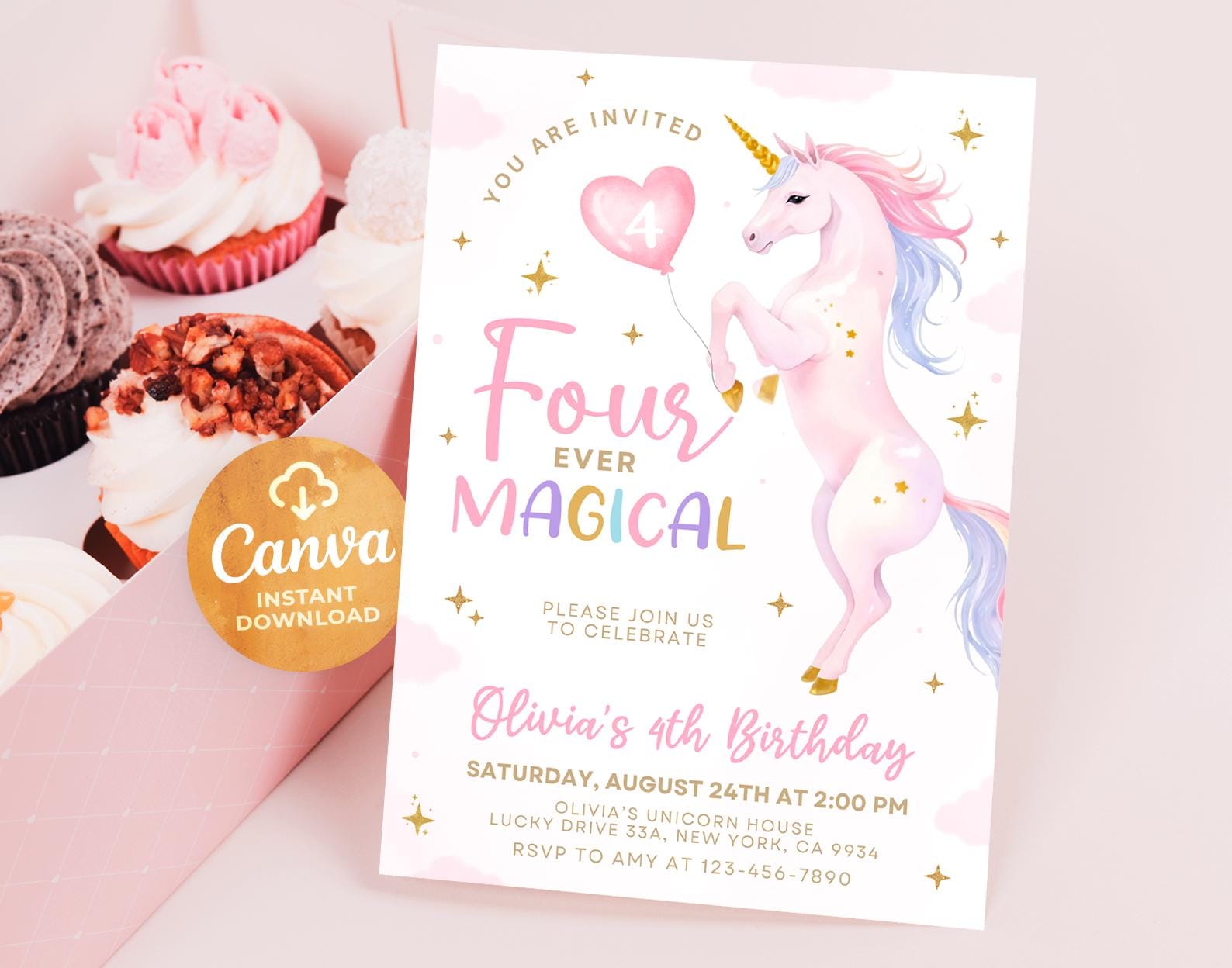 Invito di compleanno unicorno, invito Four Ever Magical, invito di compleanno unicorno 4o, invito di compleanno magico, invito di compleanno 4o comple