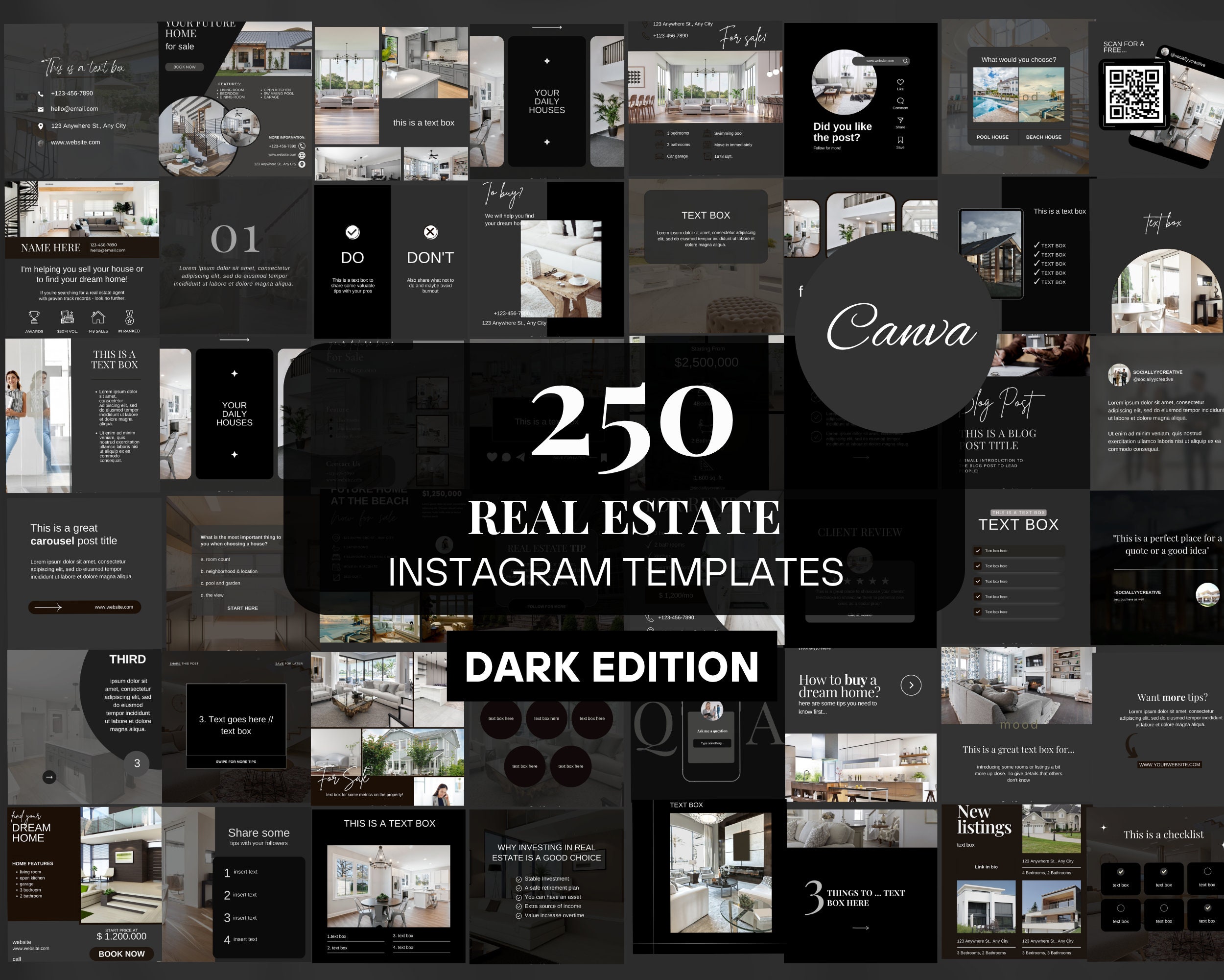 250 post Instagram immobiliari neri / Social media per agenti immobiliari scuri / Modelli di post Instagram per agenti immobiliari / Modelli di coinvo