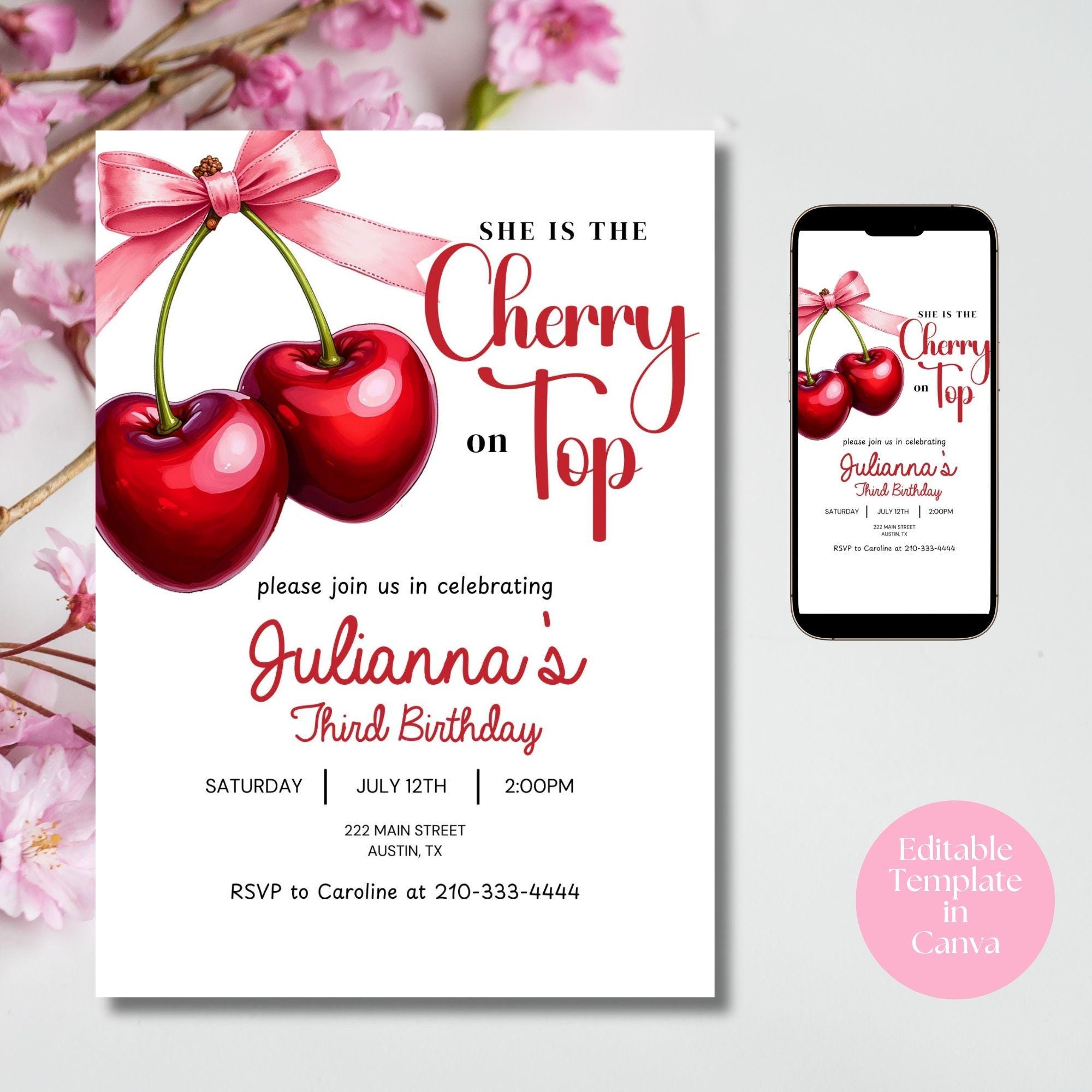 Invito modificabile Cherry On Top, download digitale, modello di invito di compleanno Cherry, modello fai da te, invito per festa Cherry, Cherry On To