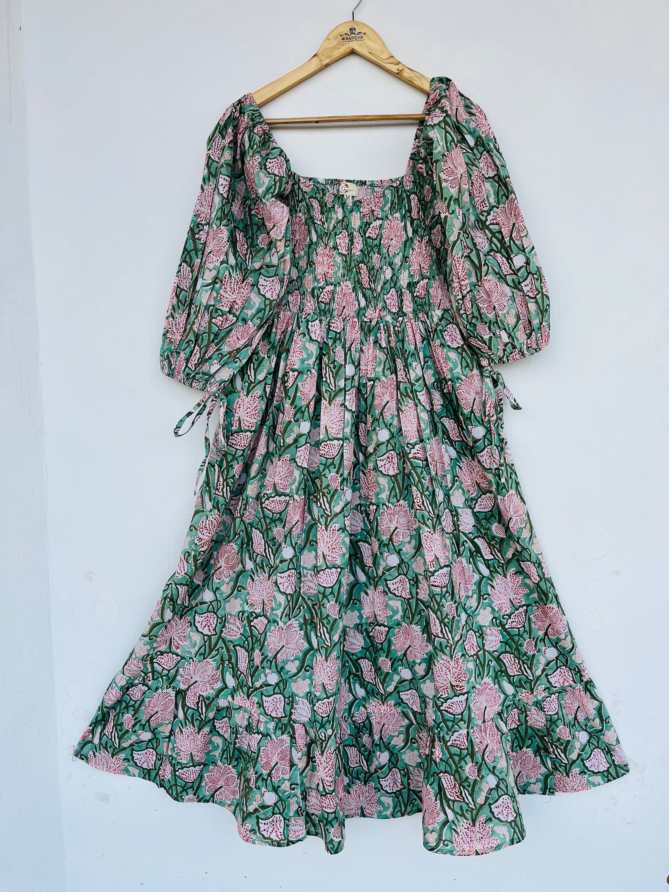 Abito lungo verde stampato a mano con blocchi di legno - abito lungo arricciato - abito lungo in cotone - abito boho