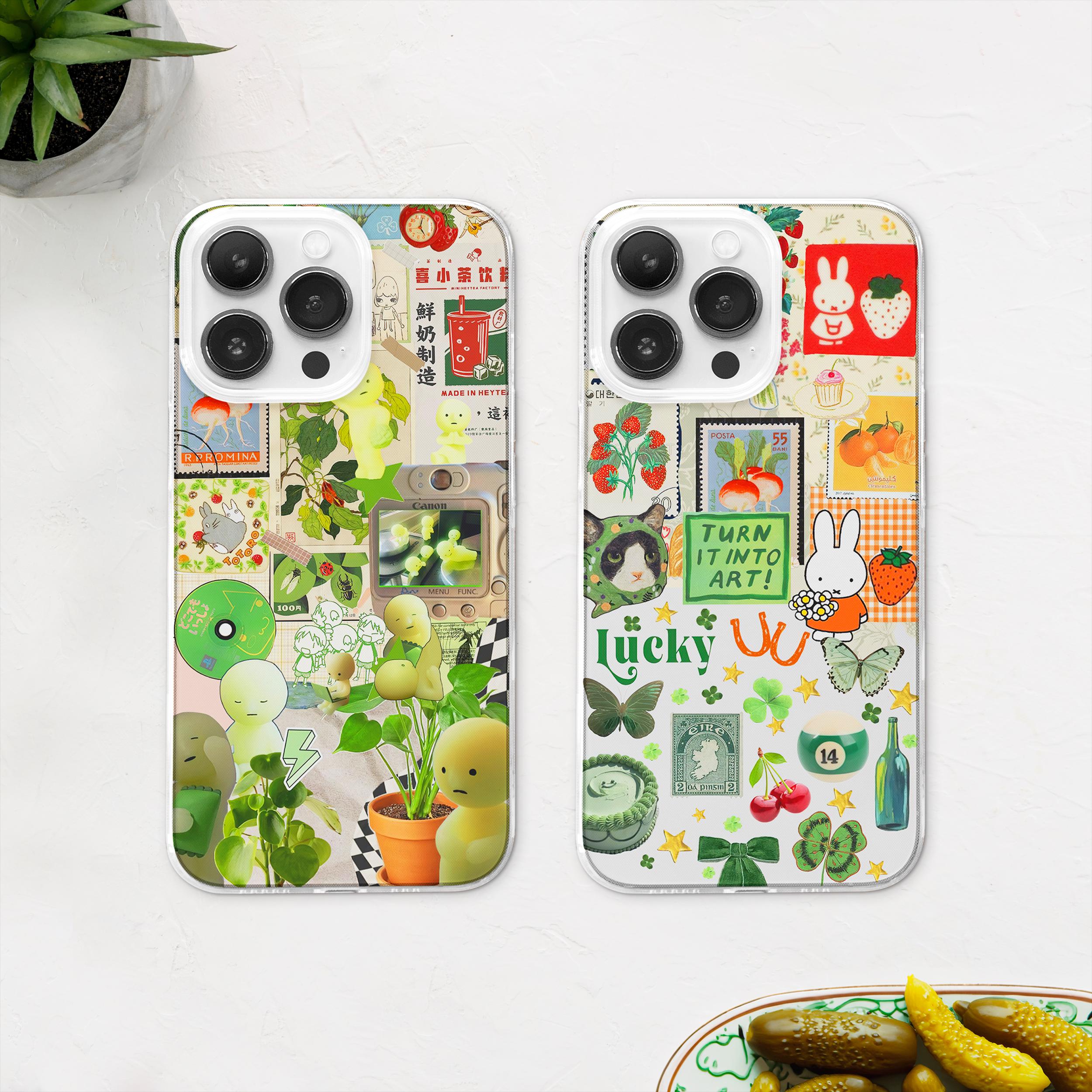 Custodia per telefono MagSafe con collage di anime verde kawaii: cover per iPhone 16 e Samsung con arte manga giapponese