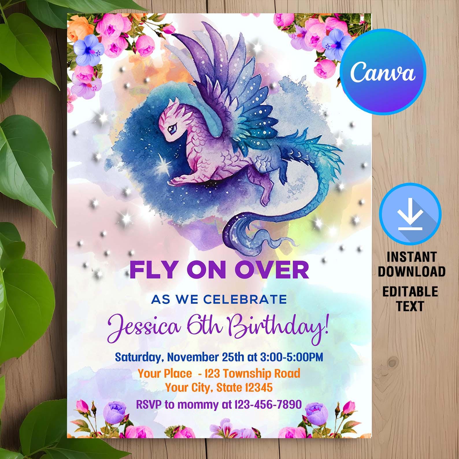 Invito di compleanno a tema drago, invito a tema drago viola, invito a tema drago, festa di compleanno a tema drago, download immediato, modificabile,