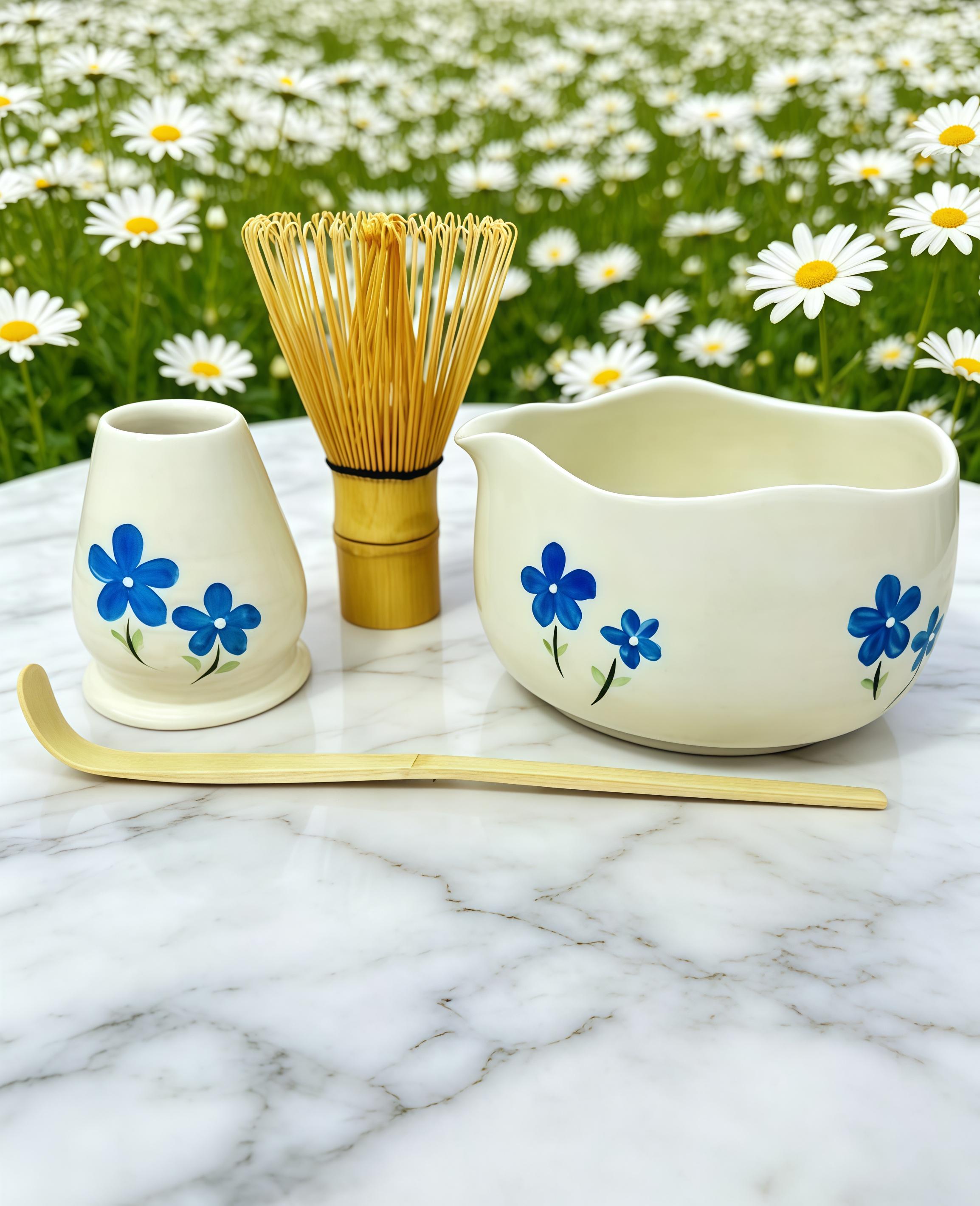 Ciotola da matcha con fiori blu, set di ciotole da matcha personalizzate, ciotola da matcha fatta a mano, ciotola da matcha da 500 ml, ciotola per mat