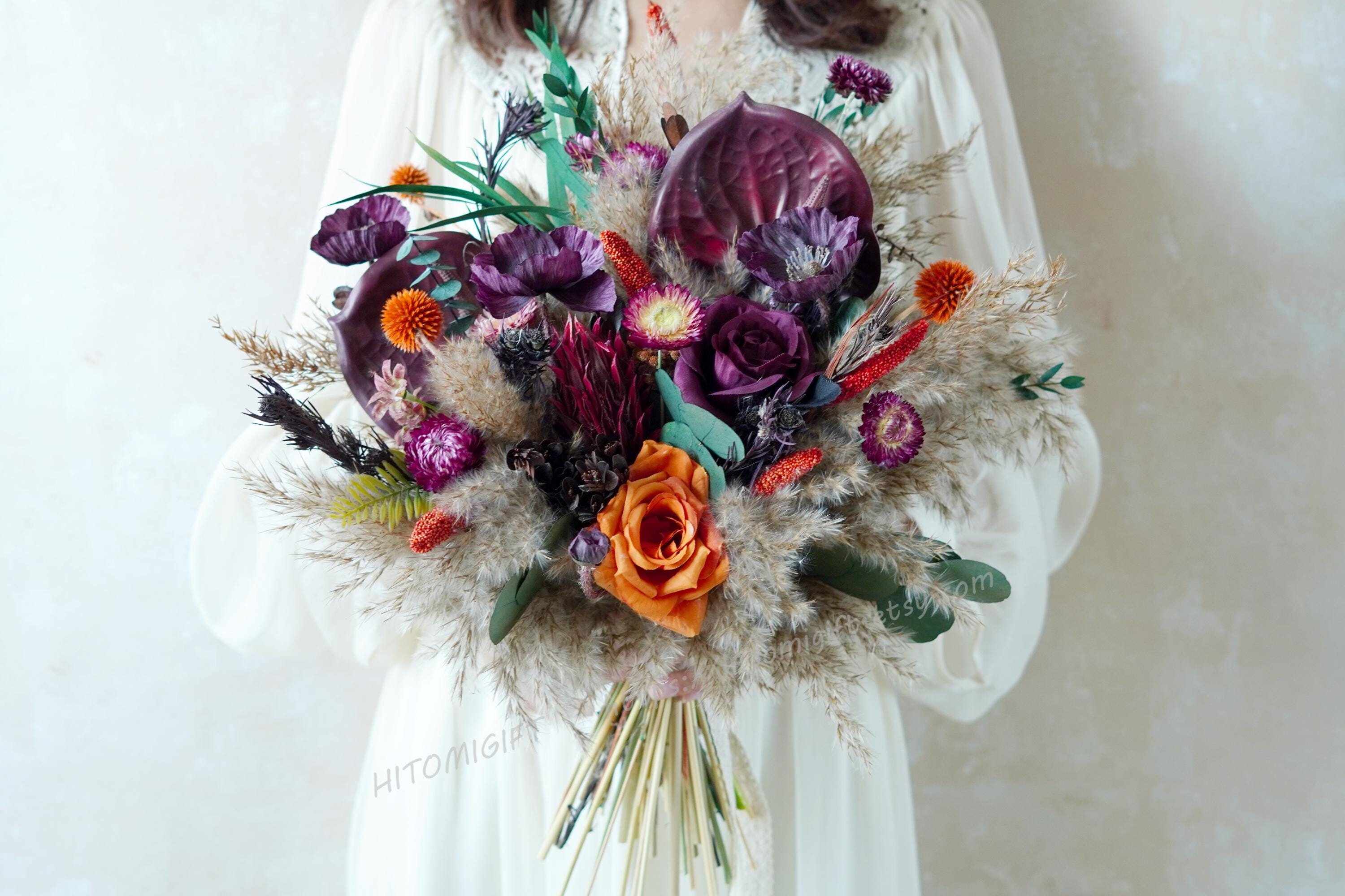 Bouquet da sposa viola, bouquet da sposa con fiori secchi, bouquet da sposa, bouquet da sposa, bouquet da damigella d'onore con fiori artificiali, bou