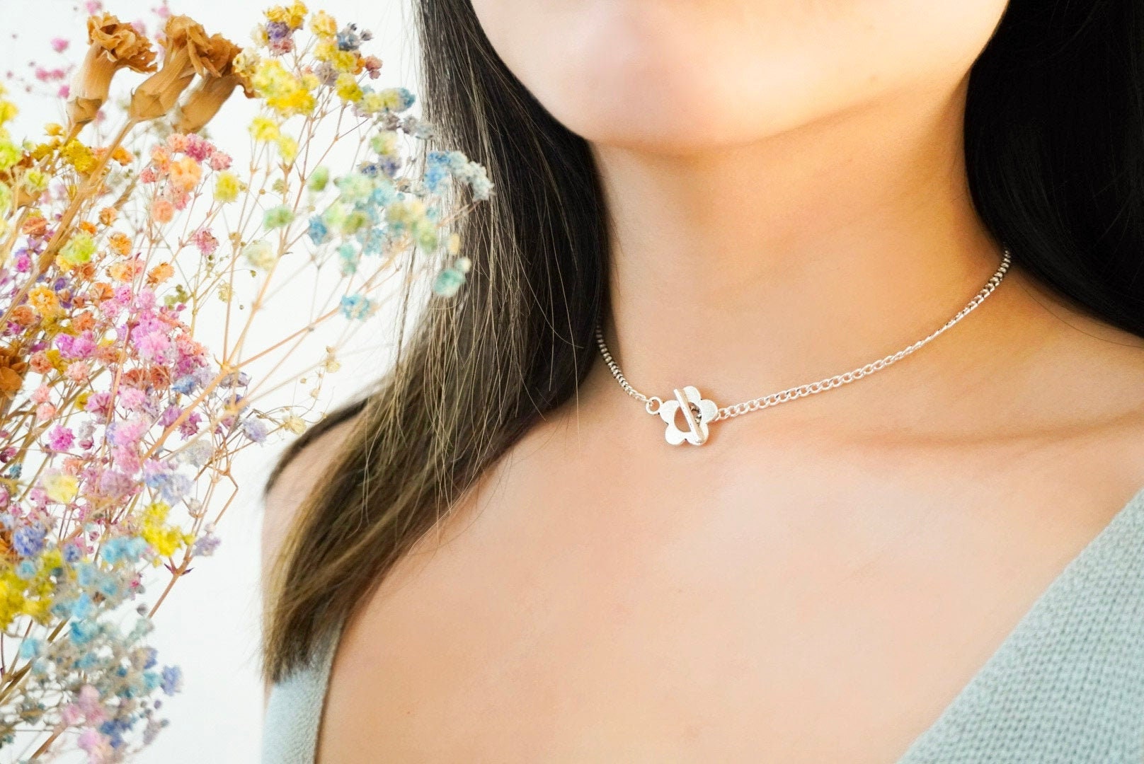 Collana Margherita Toggle in argento, collana a catena Delicata, collana a levetta, collana a margherita, collana a levetta in argento, girocollo a le