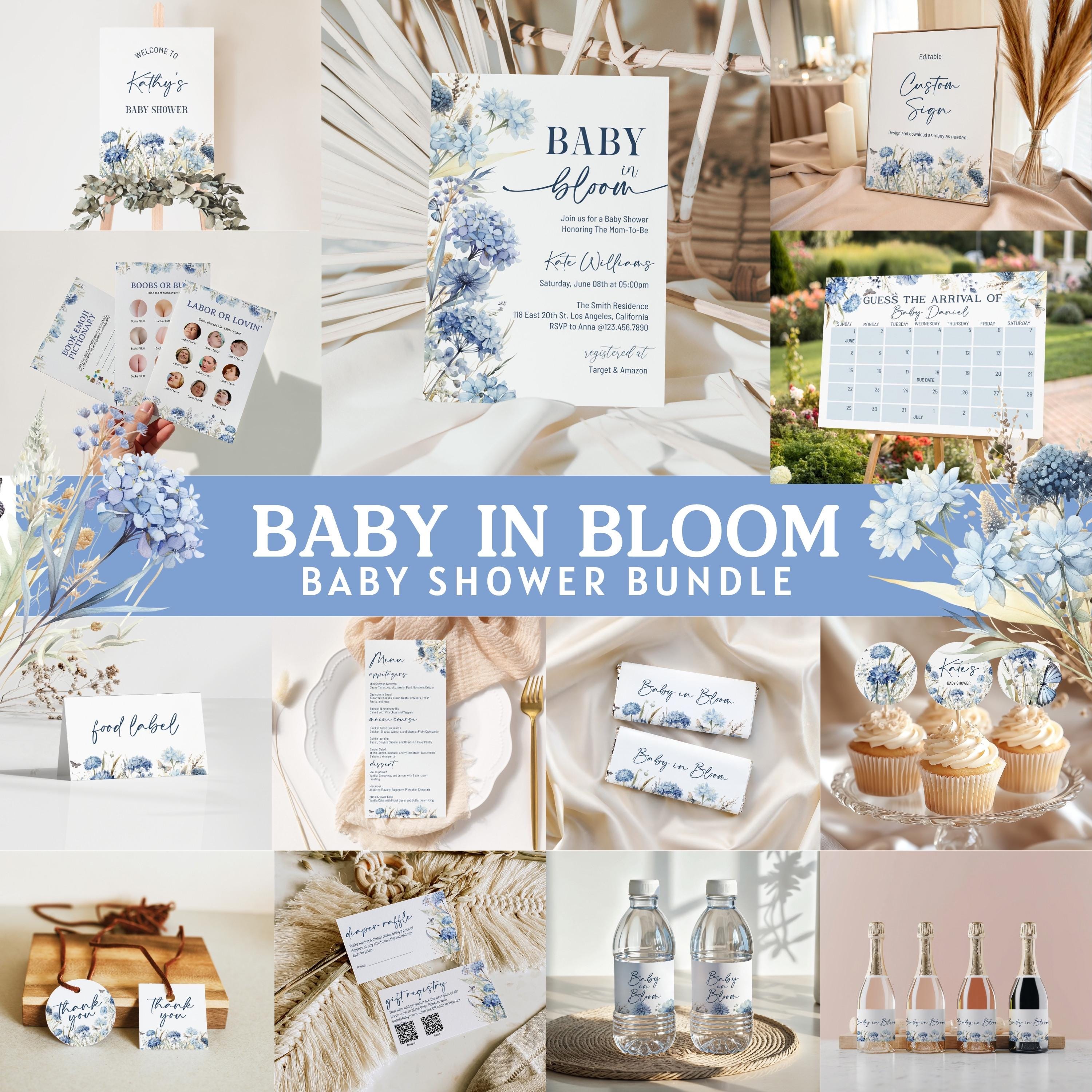 Pacchetto Baby in Bloom, Baby Shower floreale azzurro polvere, Invito Baby Shower azzurro Baby in Bloom, Set Baby Shower azzurro, Baby Shower per bamb