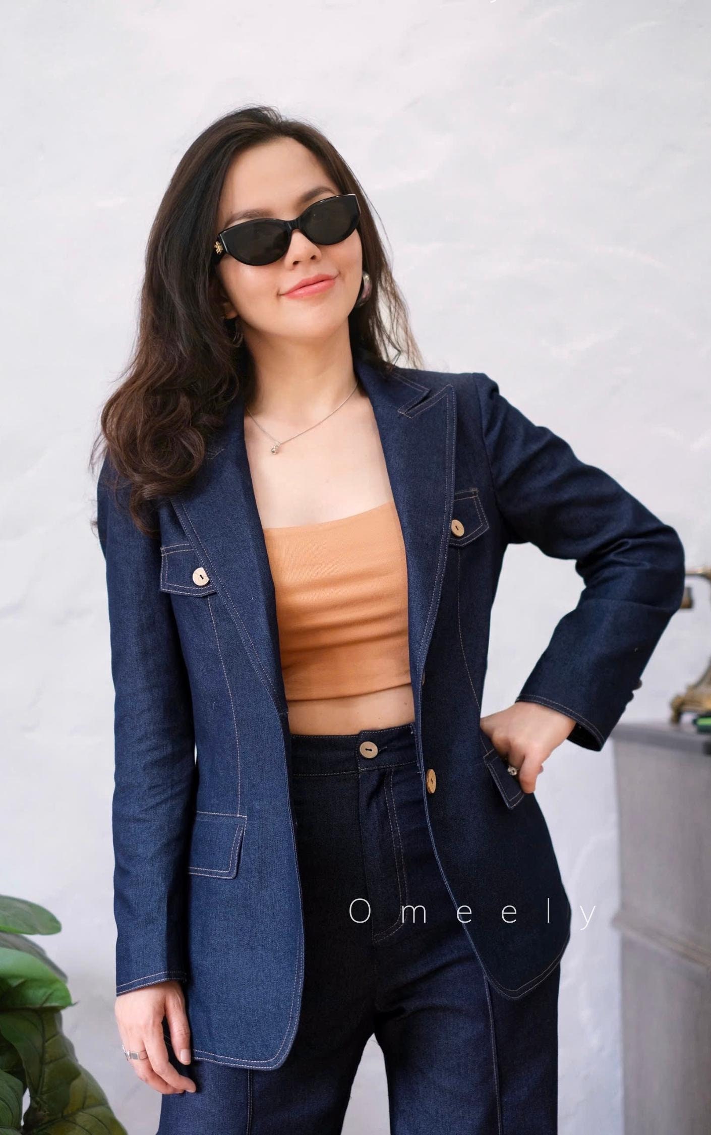 Blazer in denim da donna, pantaloni a zampa d'elefante in denim, jeans da donna, completo in denim, set da due pezzi, blazer vintage, regali di laurea