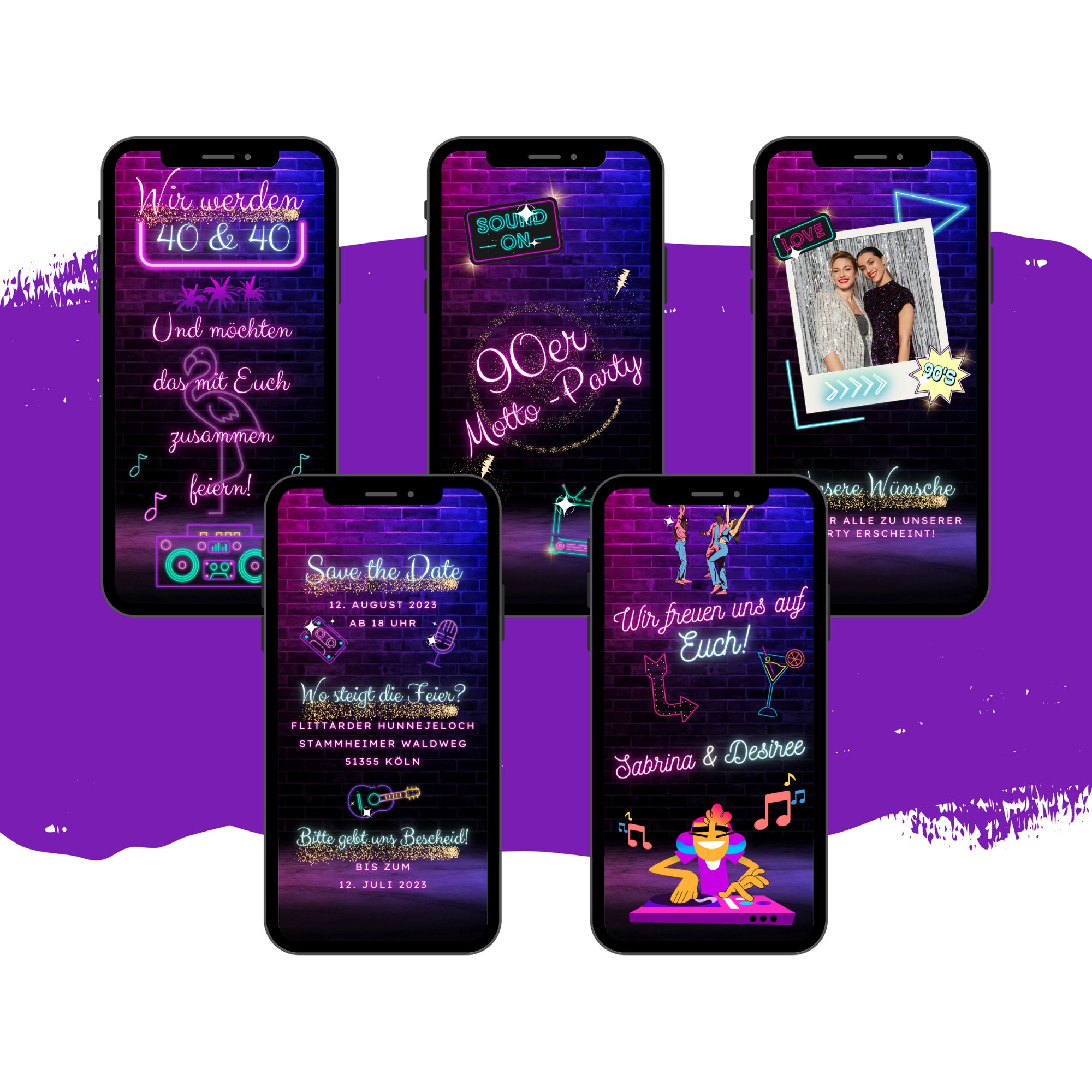 Invito eCARD per una festa di compleanno doppia | Invito di compleanno digitale su WhatsApp | Biglietto d'invito doppio animato | Festa al neon | Fest