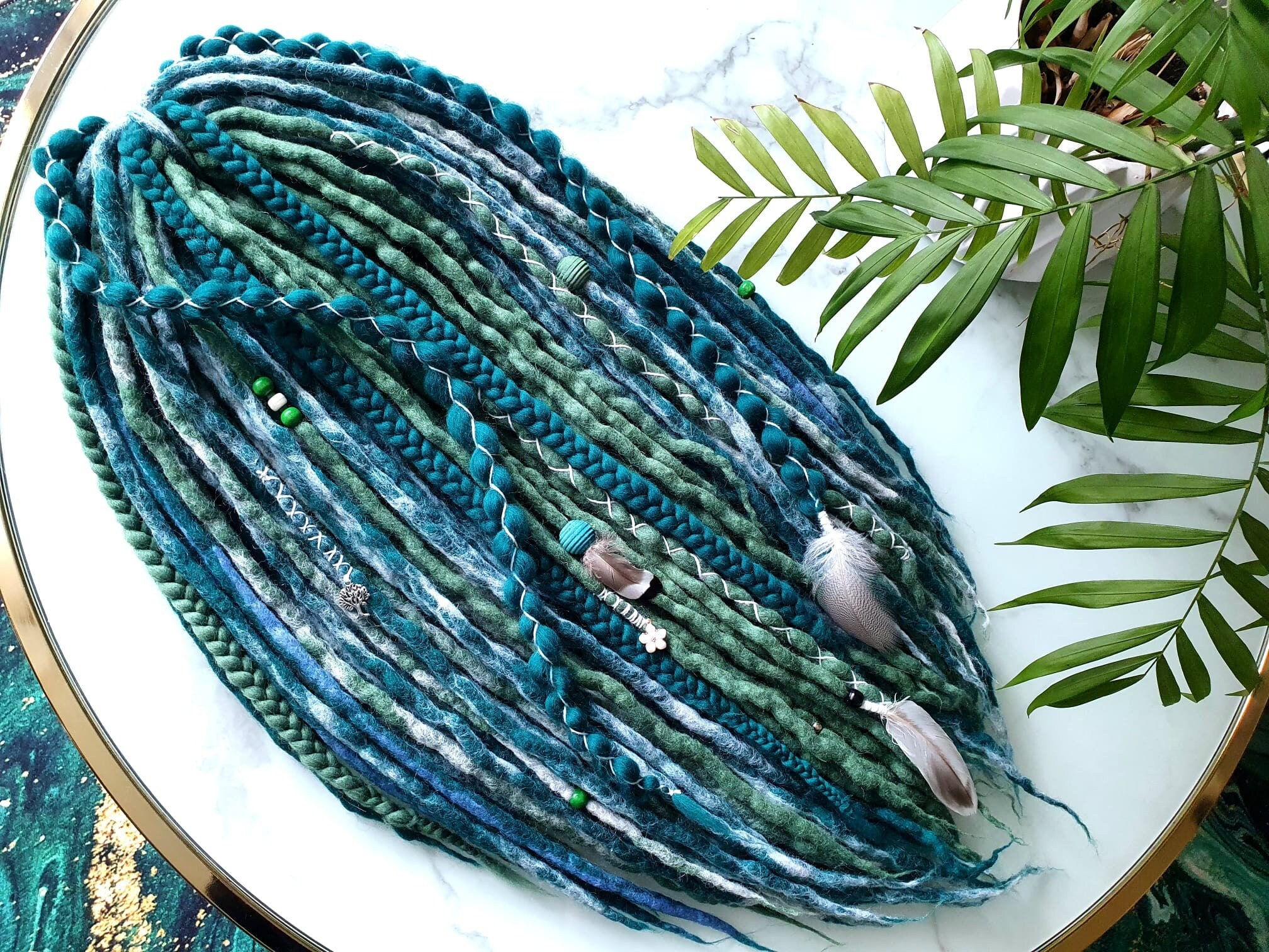 "Pronto a spedire ! SET No. 230 Set completo Lana dreadlocks merino estensioni DREADLOCKS DE 60 pezzi 22\" 55 cm marmo verde smeraldo erba bolla bianca"
