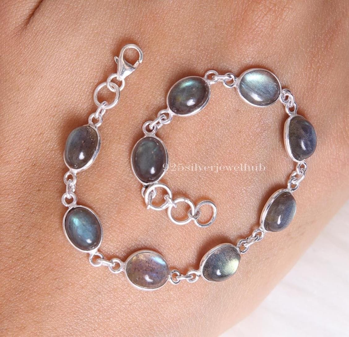 Bracciale in labradorite, bracciale in argento sterling 925, bracciale in argento boho, bracciale fatto a mano, bracciale a catena regolabile, gioiell