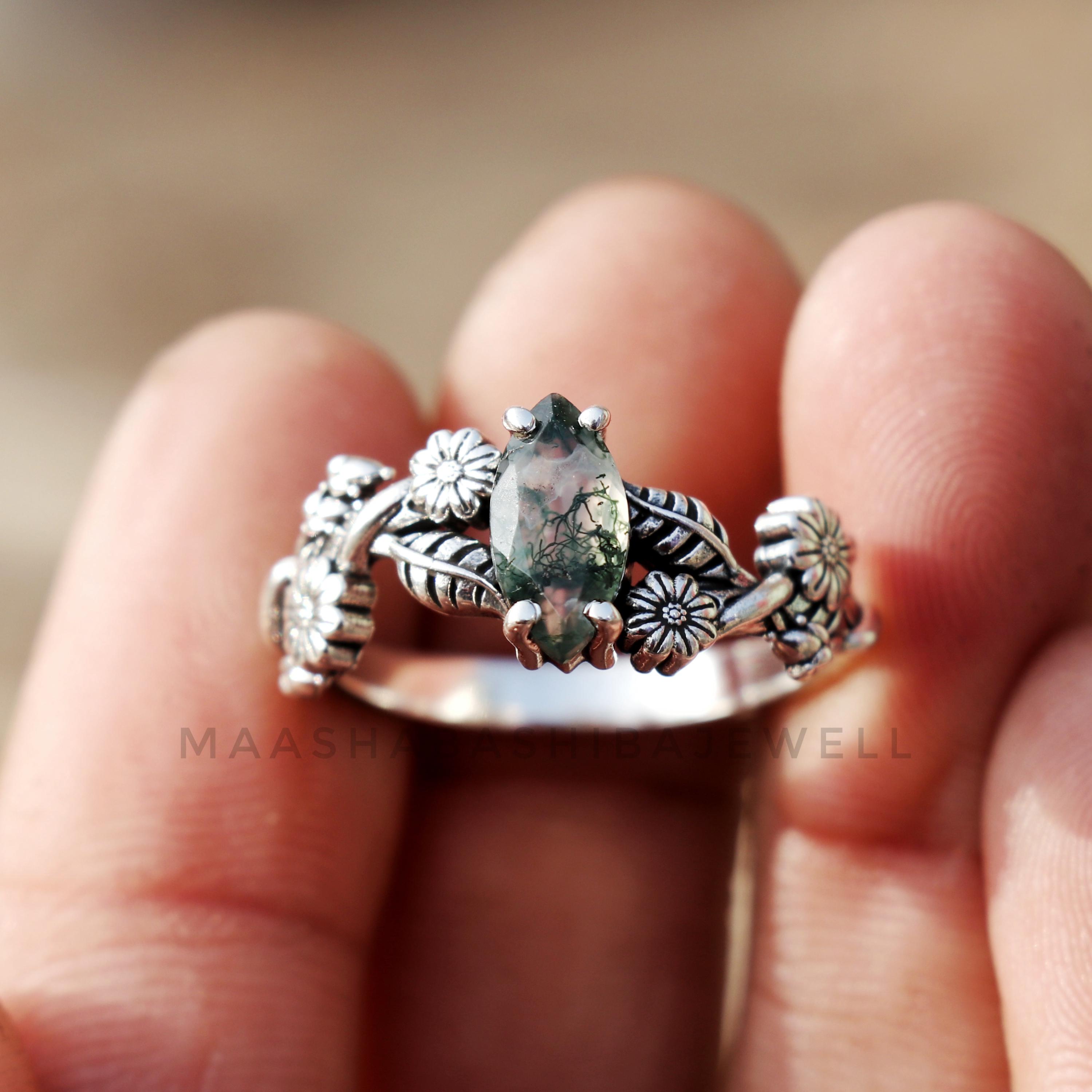 Anello in agata muschiata naturale, anello con ramo d'albero, anello in argento sterling 925, anello unico, anello di fidanzamento, gioielli artigiana