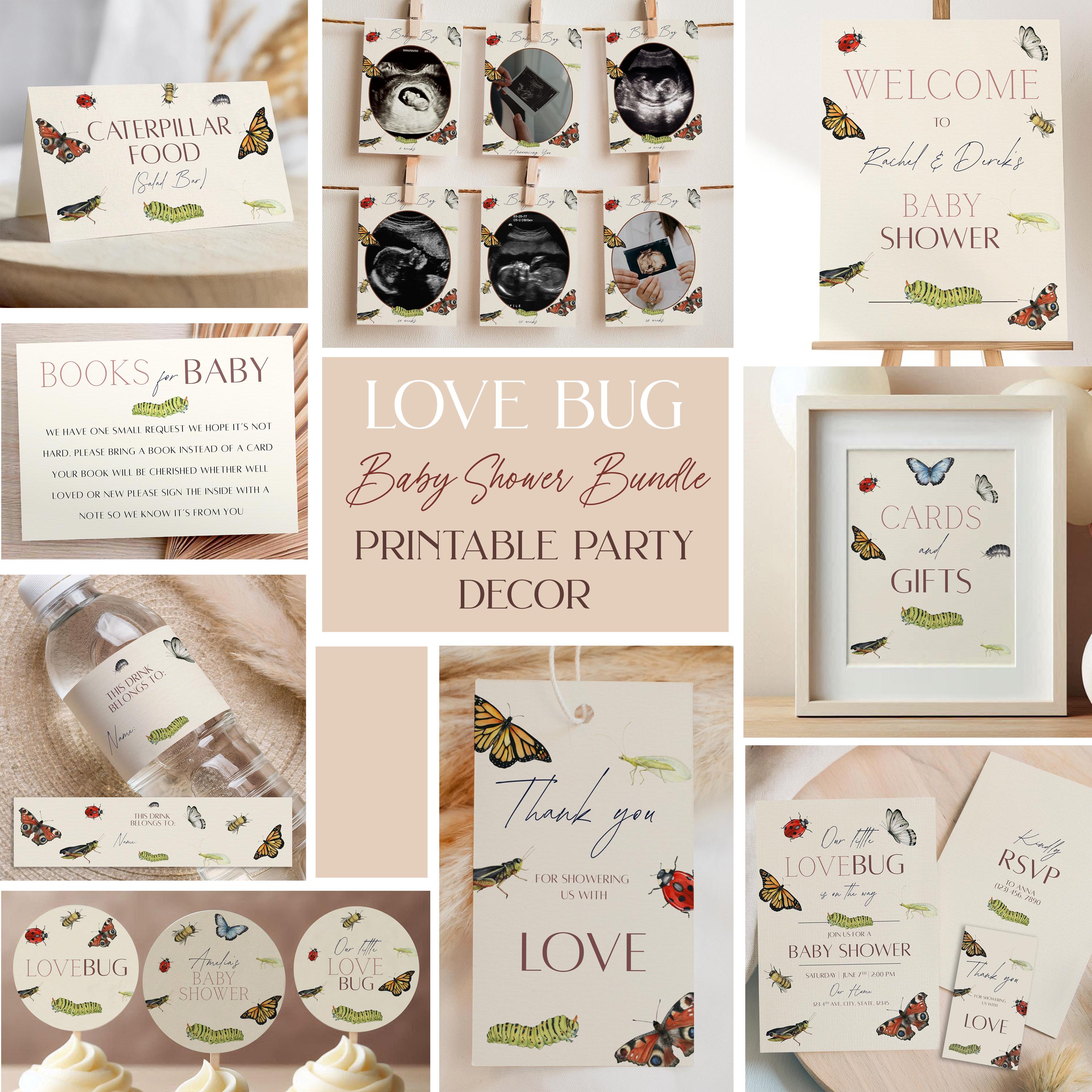 Modello modificabile per il pacchetto Baby Shower Love Bug, invito stampabile per Baby Shower Love Bug, tema neutro per il baby shower primaverile, co