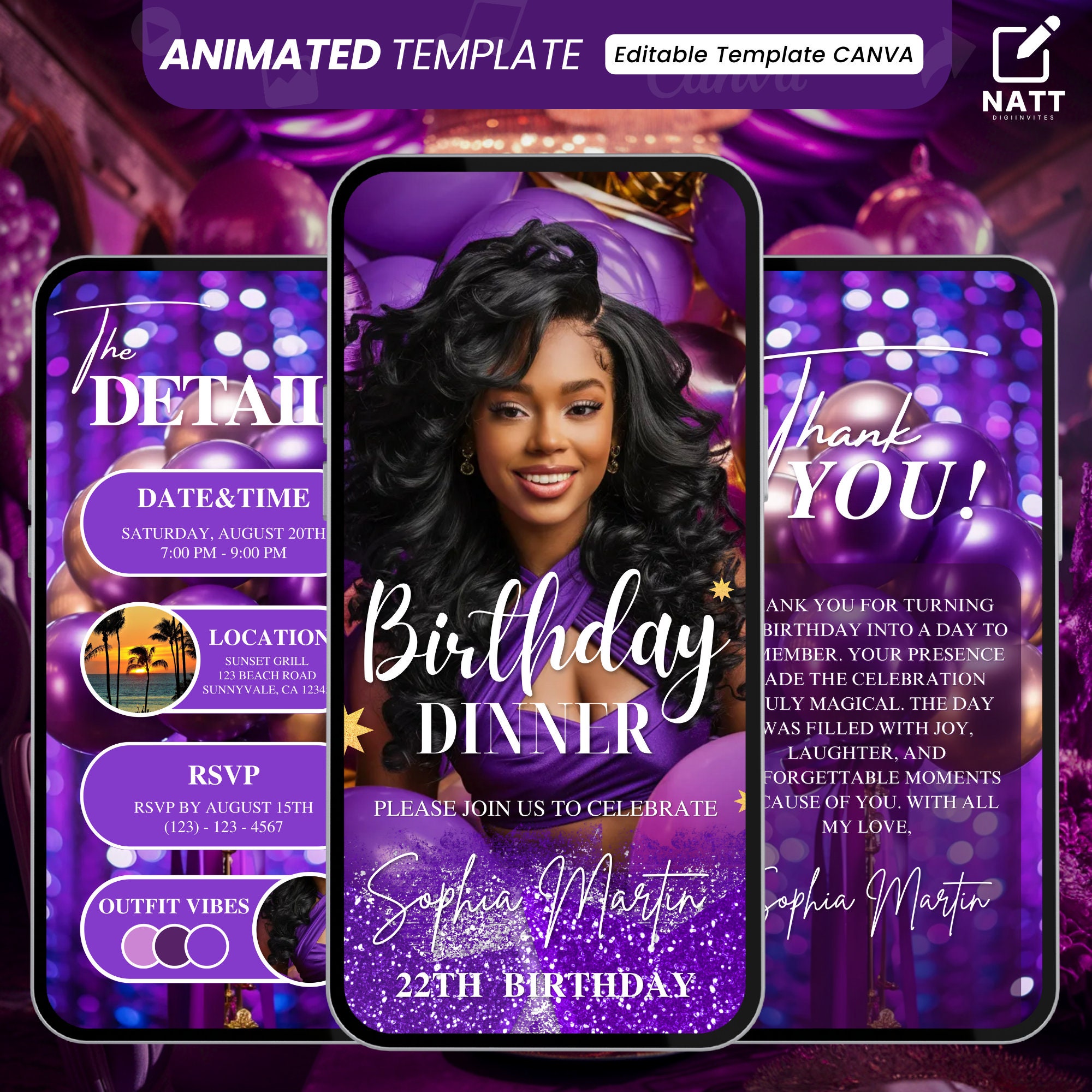 Invito a cena di compleanno viola, modello Canva animato, modello modificabile, cena di compleanno, invito digitale per festa di compleanno, invito di
