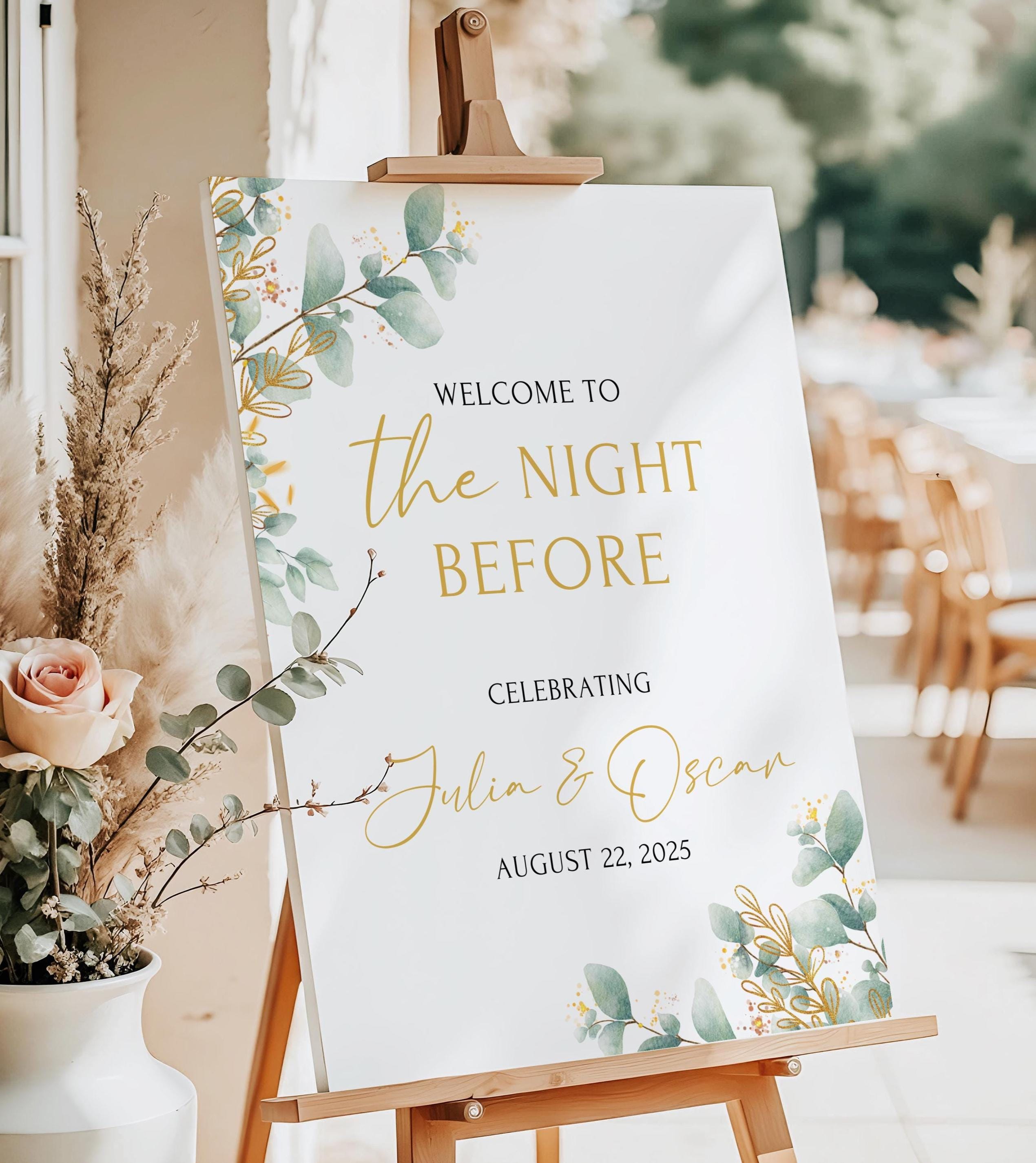Cartello di benvenuto per la cena di prova stampato e spedito, benvenuto alla cena di prova Greenery, prova del matrimonio Greenery Gold la sera prima