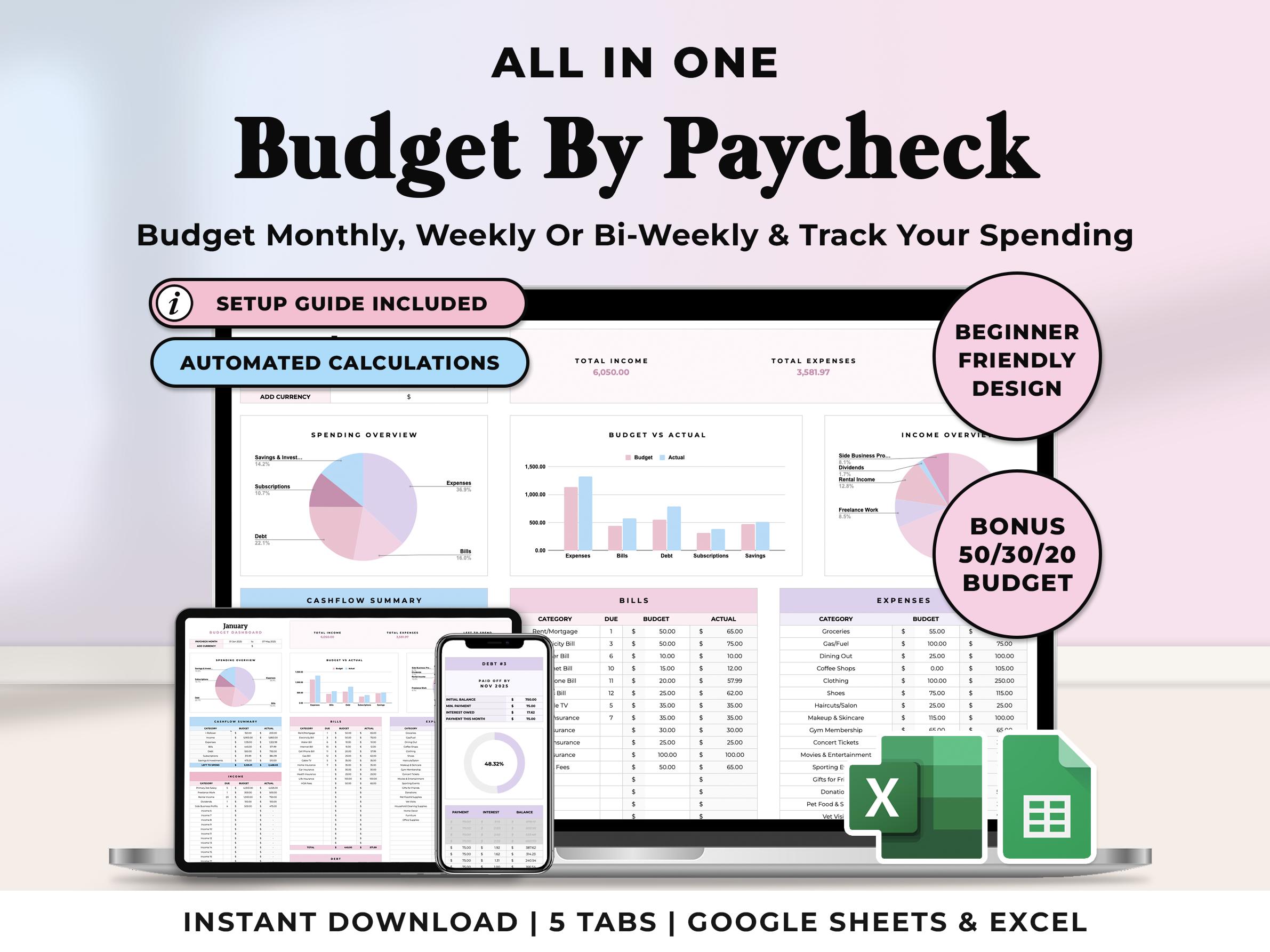 Foglio di calcolo del budget per busta paga Excel Modello di budget per busta paga Fogli Google Tracker di budget mensile Pianificatore finanziario Tr