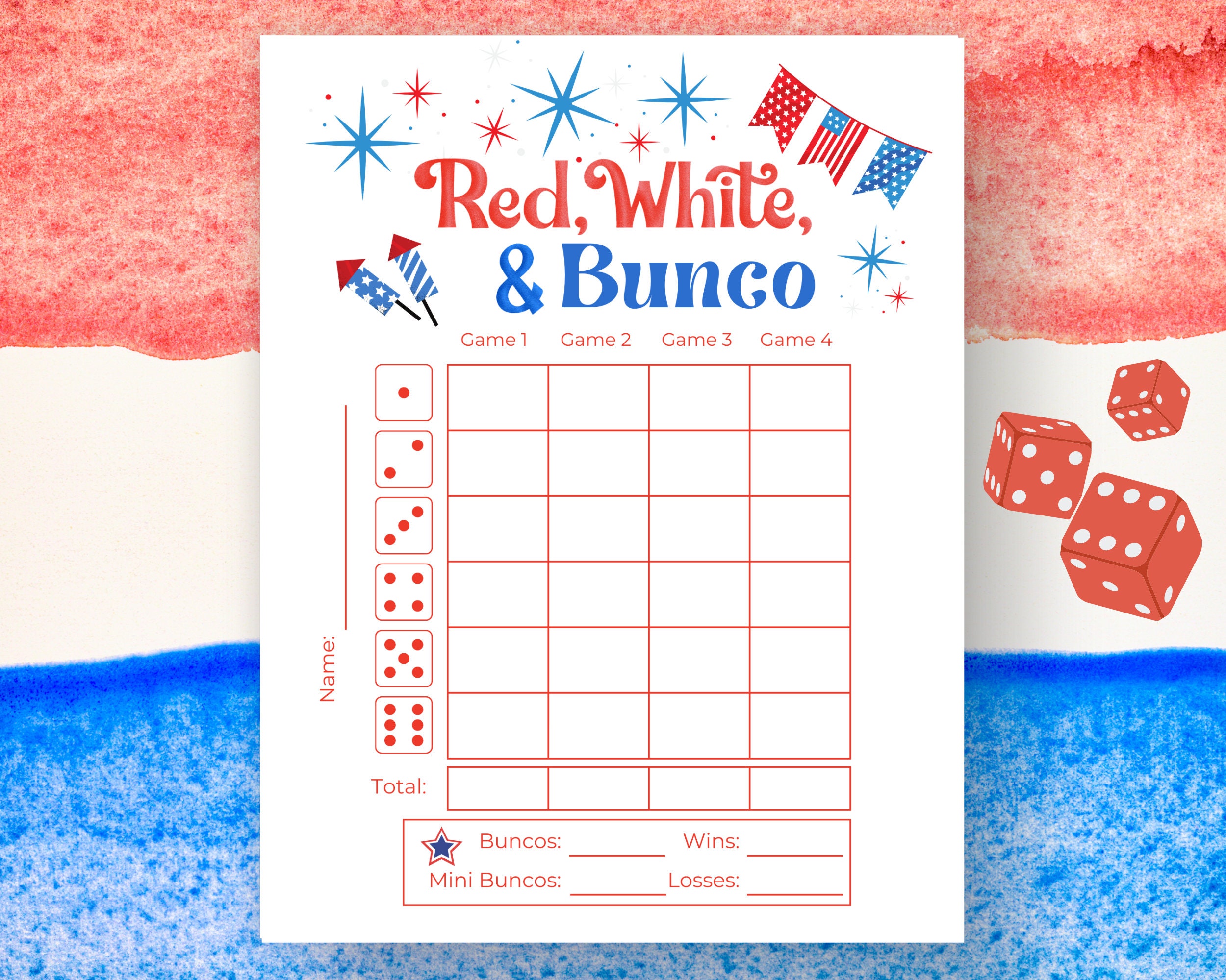 Fogli punteggio Bunco del 4 luglio, Carte punteggio Bunco di luglio, Gioco patriottico Bunco, Carte Bunco Babe, Festa Bunco di luglio, Bunco rosso bia