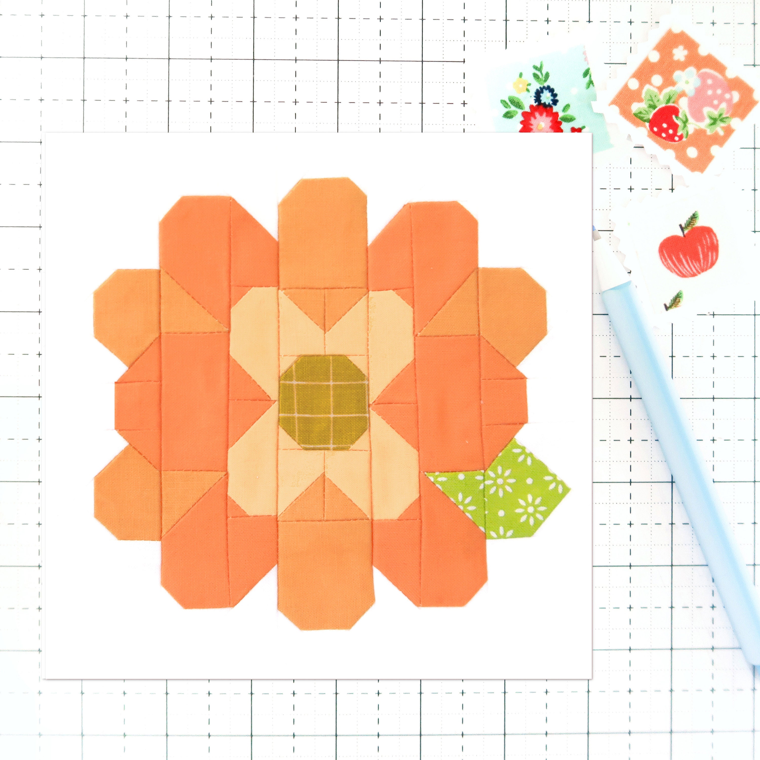 Modello PDF Blocco trapunta primavera estate fiore Zinnia - Istruzioni per blocchi finiti da 6 pollici, 9 pollici, 12 pollici, 18 pollici, 24 pollici