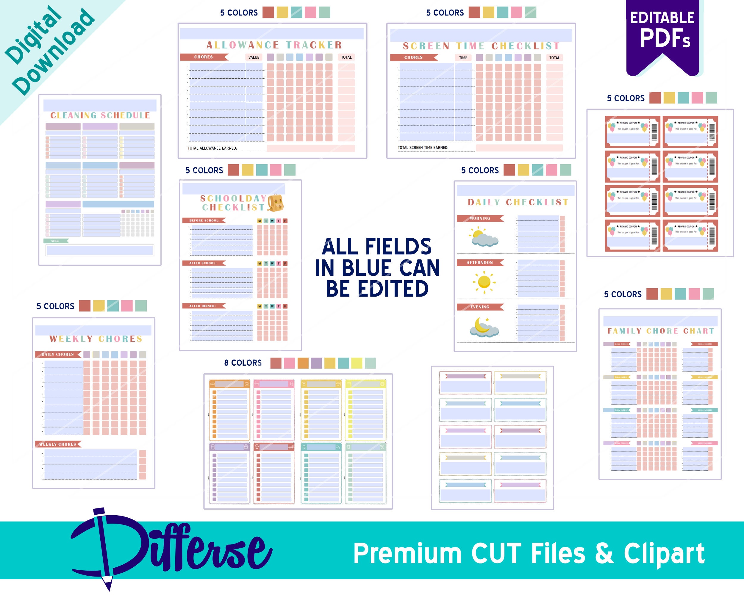 Pacchetto di tabelle per le faccende domestiche per bambini / Tabella delle indennità / Lista di controllo del tempo trascorso davanti allo schermo /