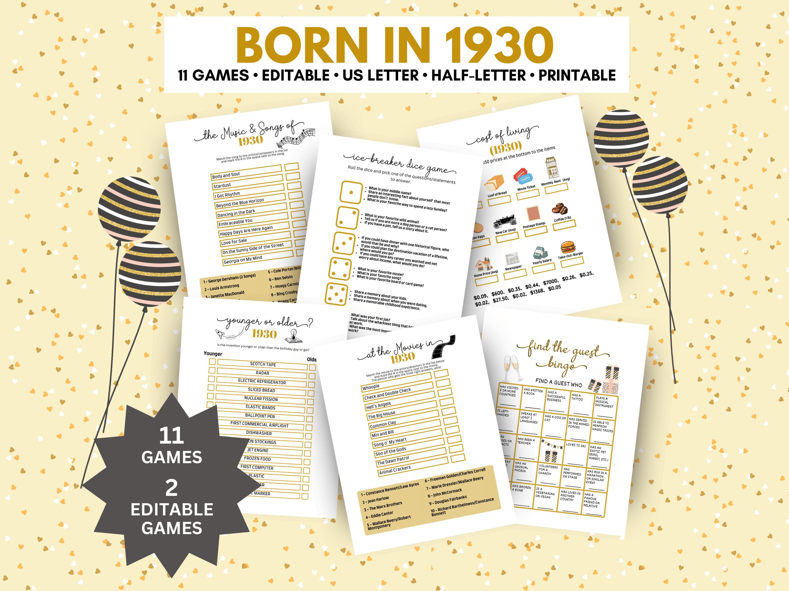Giochi per feste di compleanno del 95o compleanno, pacchetto di giochi modificabili Born in 1930, giochi per feste di compleanno del 95o compleanno, g