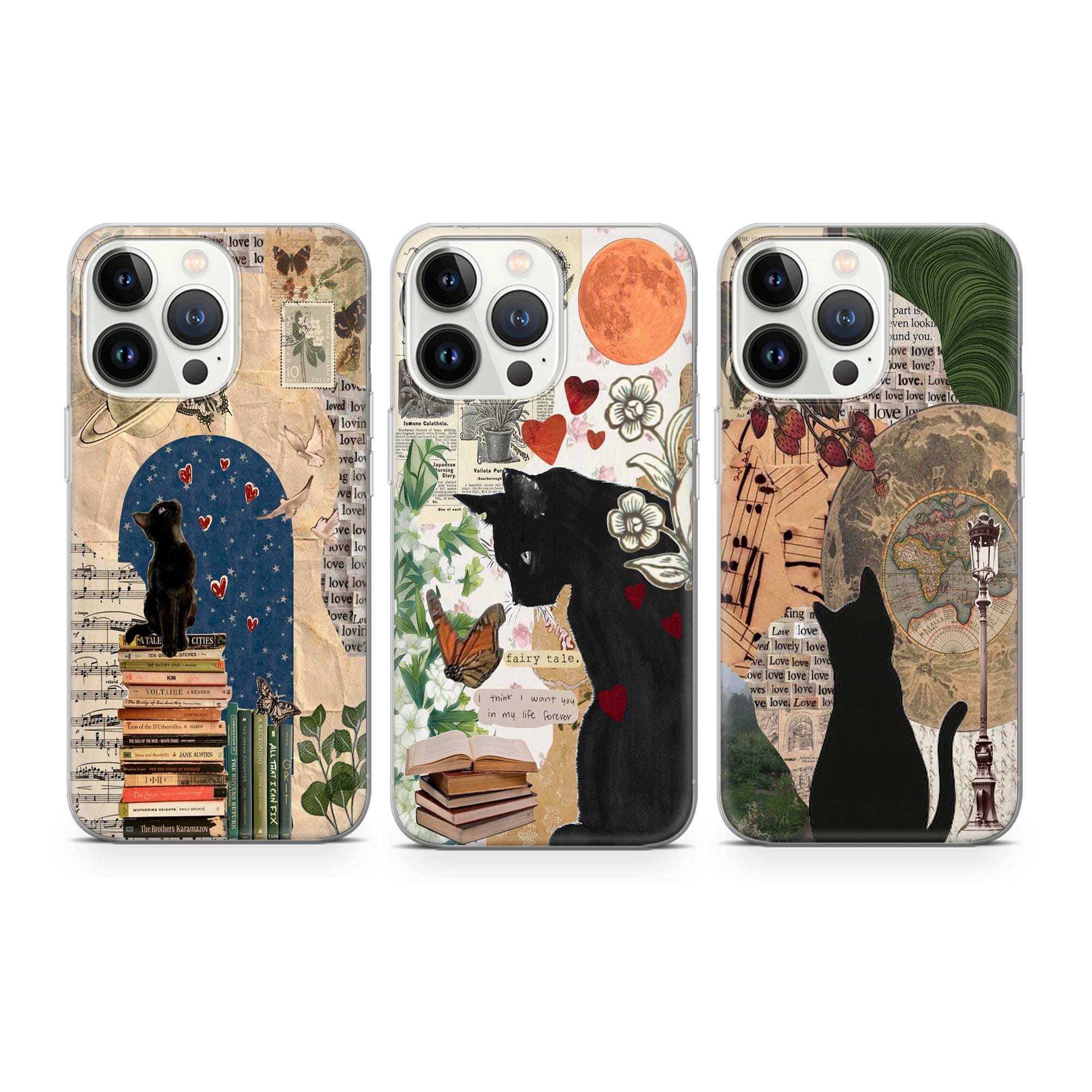 Custodia per telefono con motivo collage estetico a forma di gatto nero adatta per iPhone 17 16 15 14 13 12 Pro Max Xr Xs, Google Pixel 10 Pro XL 9 8