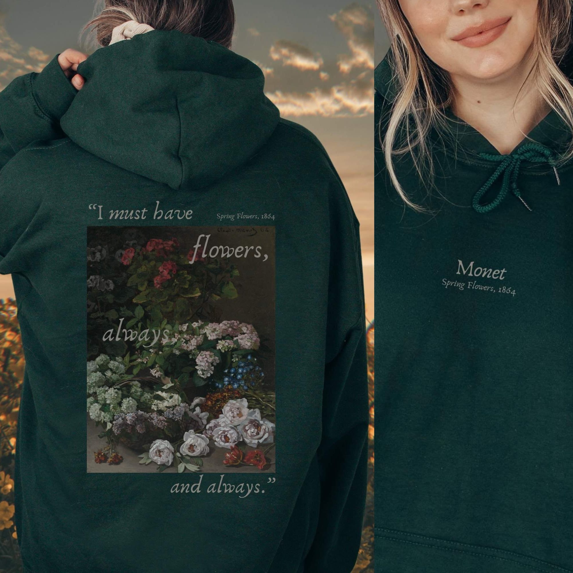 Felpa con cappuccio Monet, Felpa con cappuccio floreale Felpa Monet Felpa con cappuccio floreale Felpa con cappuccio Cottagecore scuro Abbigliamento F