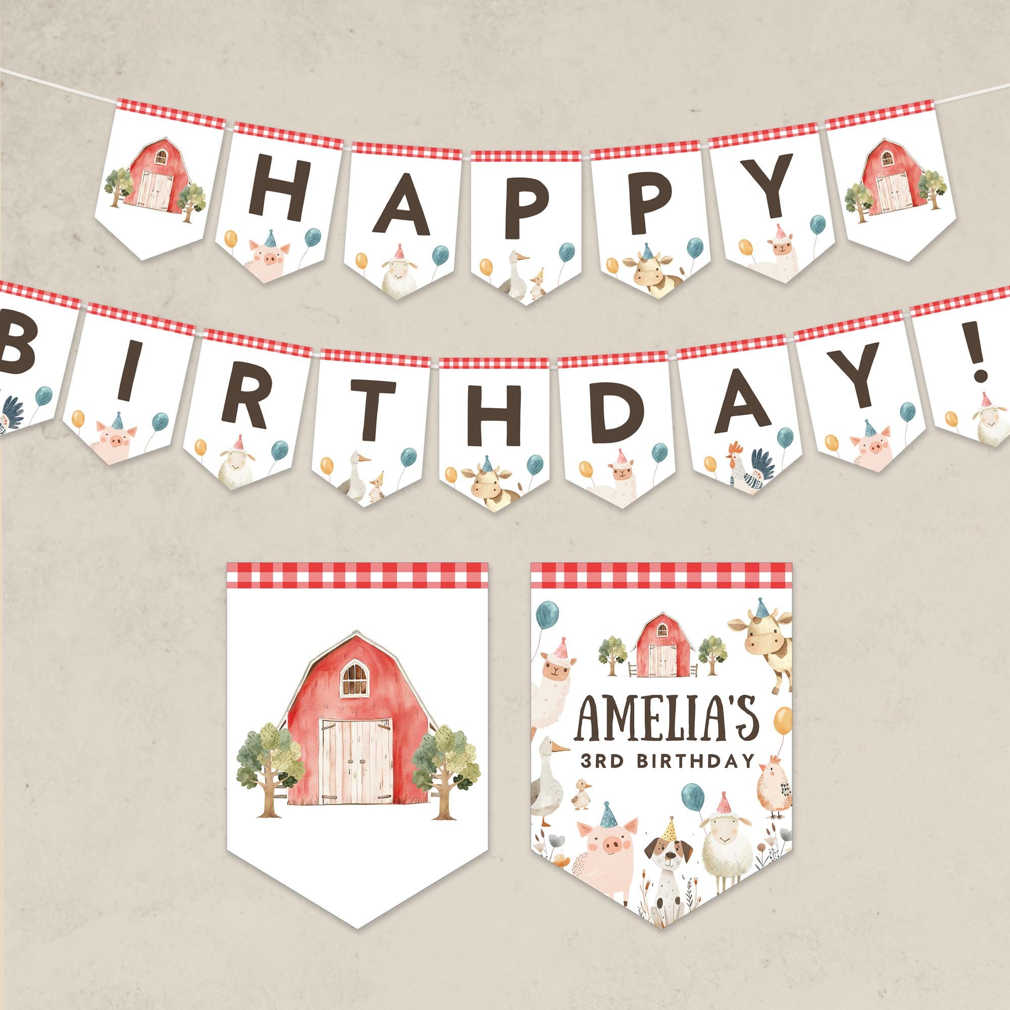 "Striscione di buon compleanno con scritta \"Farm Farm\", striscione con bandierine per feste in fattoria, striscione con simpatici animali da fattoria,"