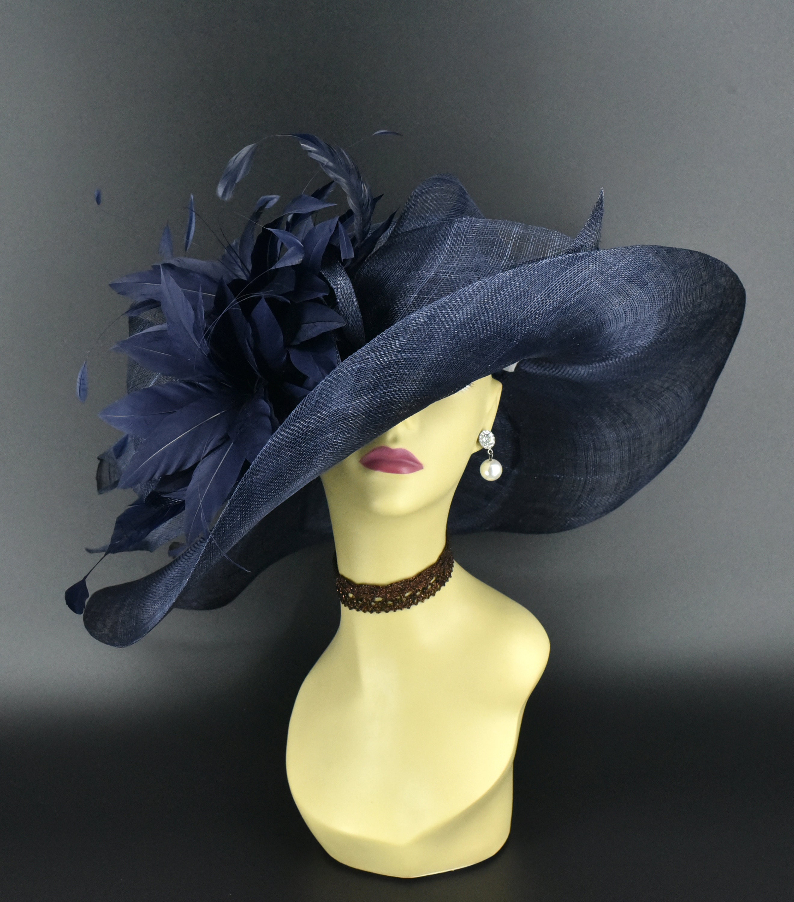 M22019F (Cappello blu navy) Cappello Kentucky Derby Cappello da chiesa Cappello da matrimonio Cappello da Tea Party Cappello Sinamay a tesa larga con