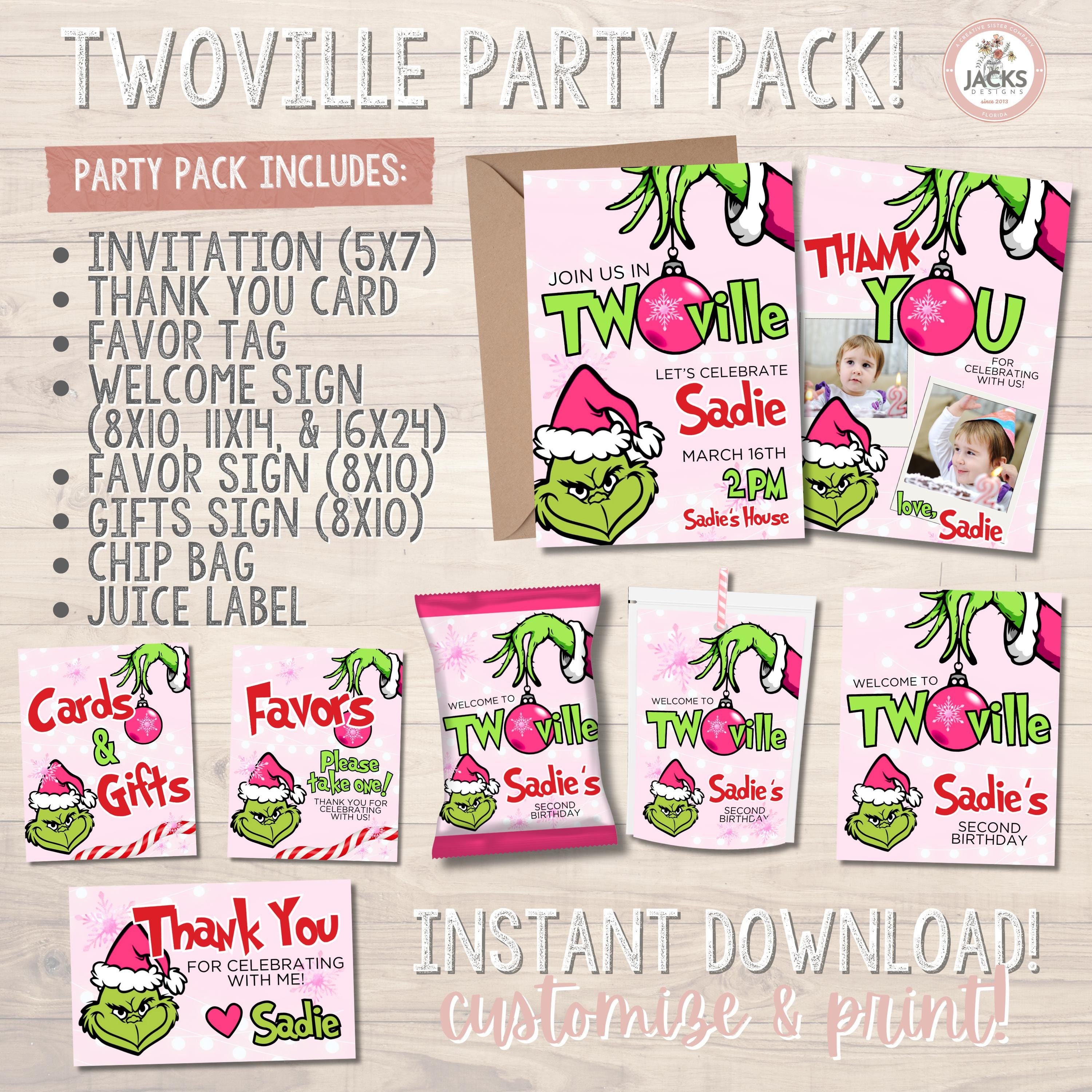 Pacchetto di inviti per feste di compleanno di Twoville, invito di compleanno Grinch, invito per il 2o compleanno, invito di compleanno Whoville, invi