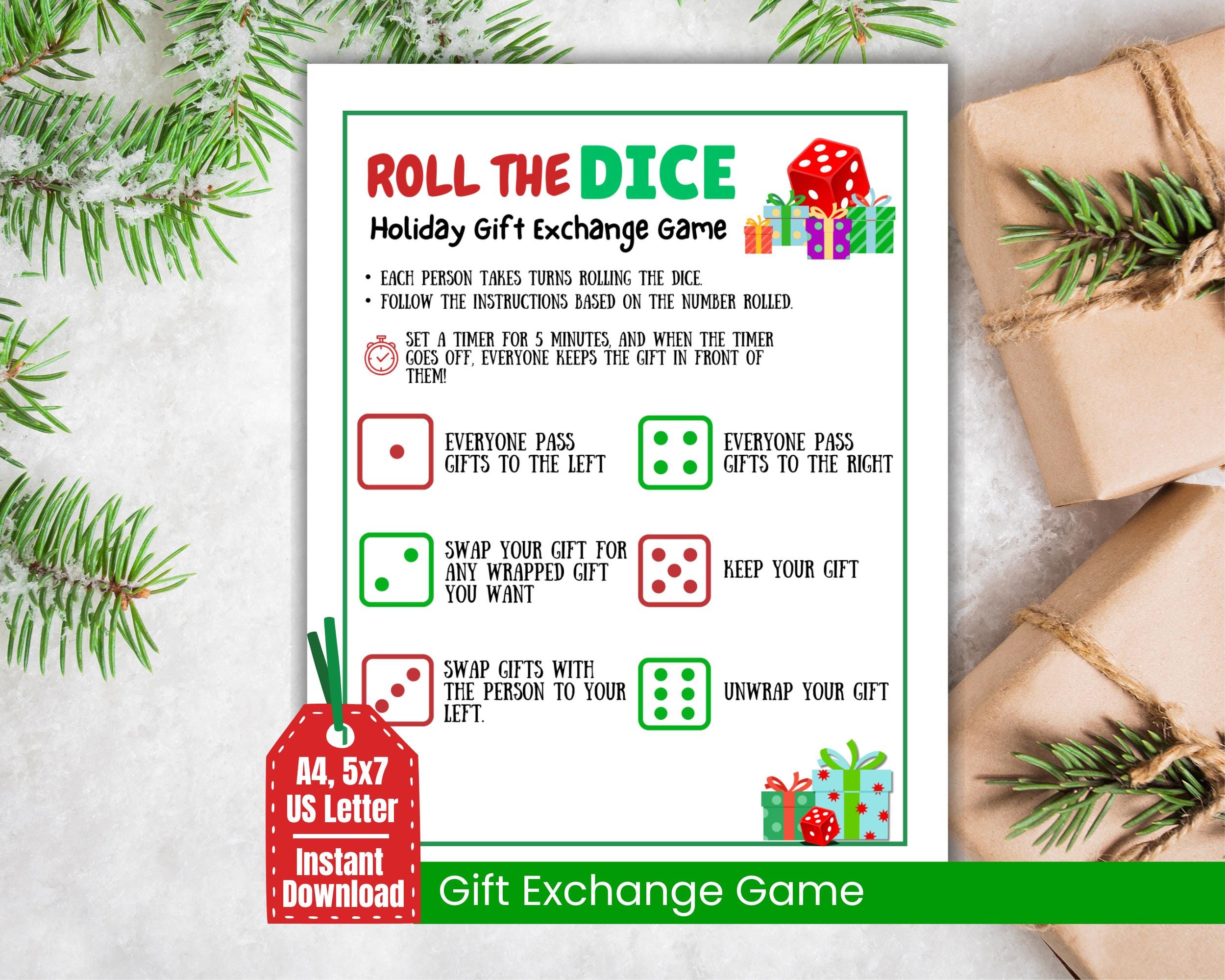 Gioco di dadi natalizi, gioco di scambio di regali, passa il regalo, scambio di regali di Natale, gioco dell'elefante bianco, gioco per feste in famig