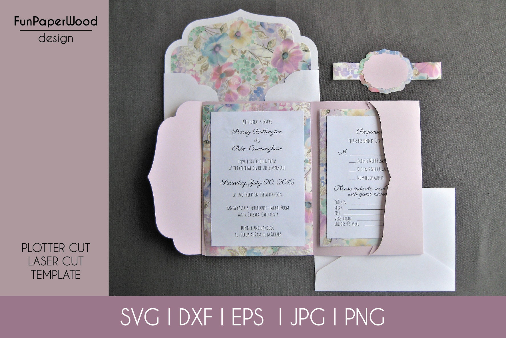 Set Classic Tri Fold Pocket Invito a nozze Busta A7 5x7in RSVP Card Vector Svg Dxf Eps Pdf Silhouette Cricut Paper Laser Cut Template